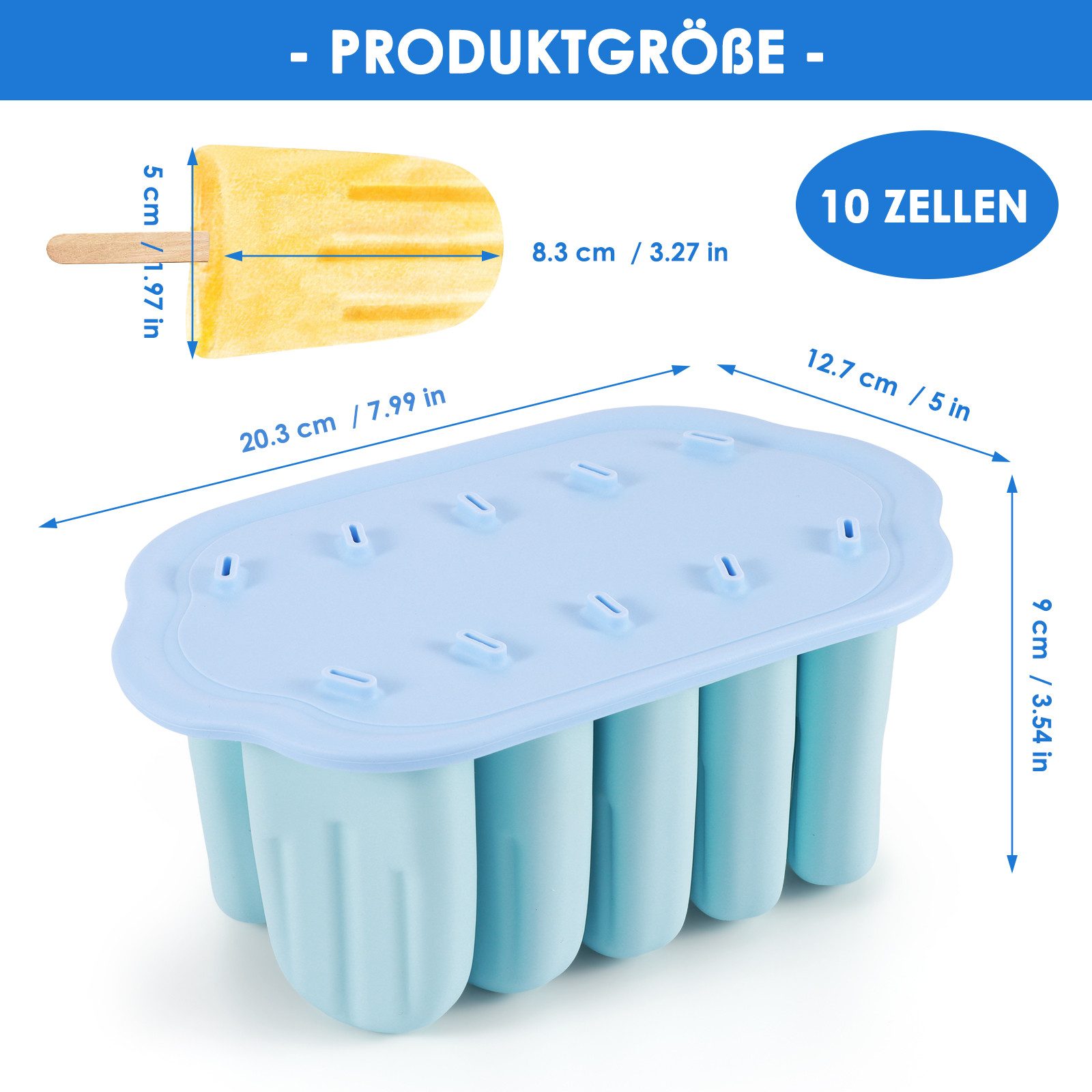 BlingBin Eisform 10 Hohlräume Eisformen Silikon, Eis Am Stiel Formen für Kinder, (1er Set 1-tlg), DIY Popsicle Formen mit 50 Stäbchen für Kinder & Erwachsene