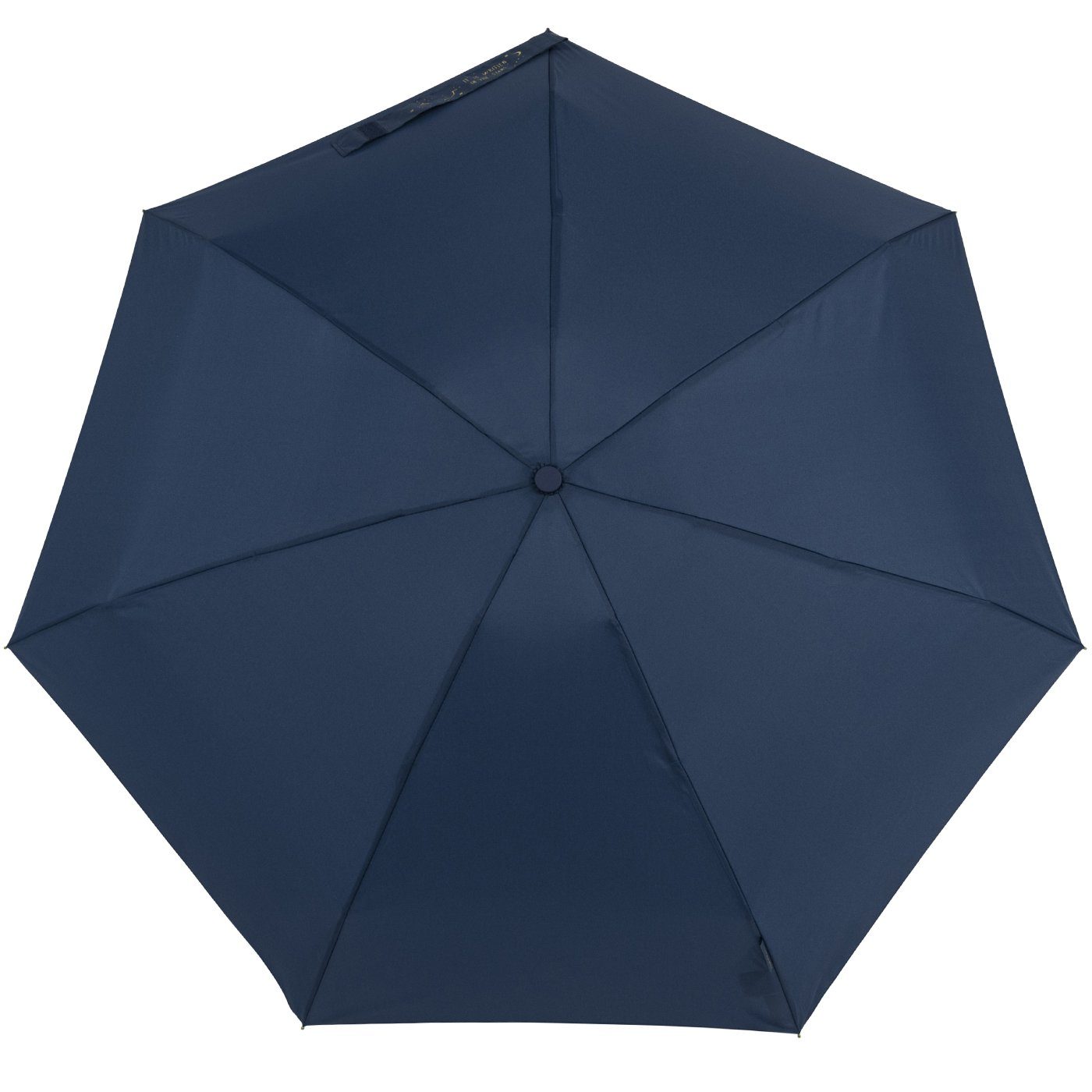 Damen-Regenschirm, und blau, mit stabil goldenem bisetti Taschenregenschirm Aufdruck navy klein, kompakt, auf dem Schließband
