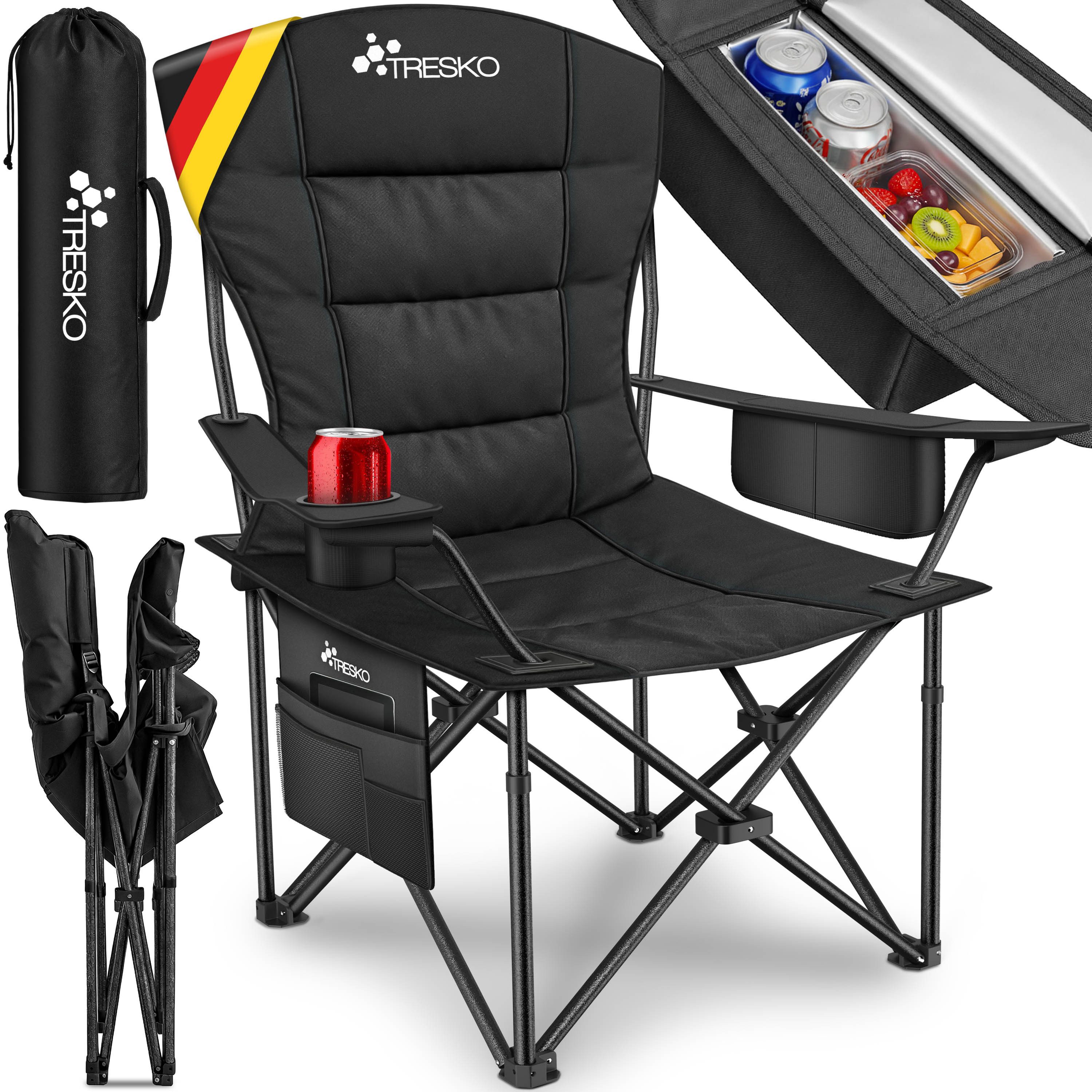 TRESKO Campingstuhl Faltbar bis 200kg Faltstuhl mit Kühltasche, Getränkehalter (Seitentasche, Klappstuhl XXL inkl. Tragetasche Angelstuhl), gepolstert für Outdoor, Angeln, Festival & Garten