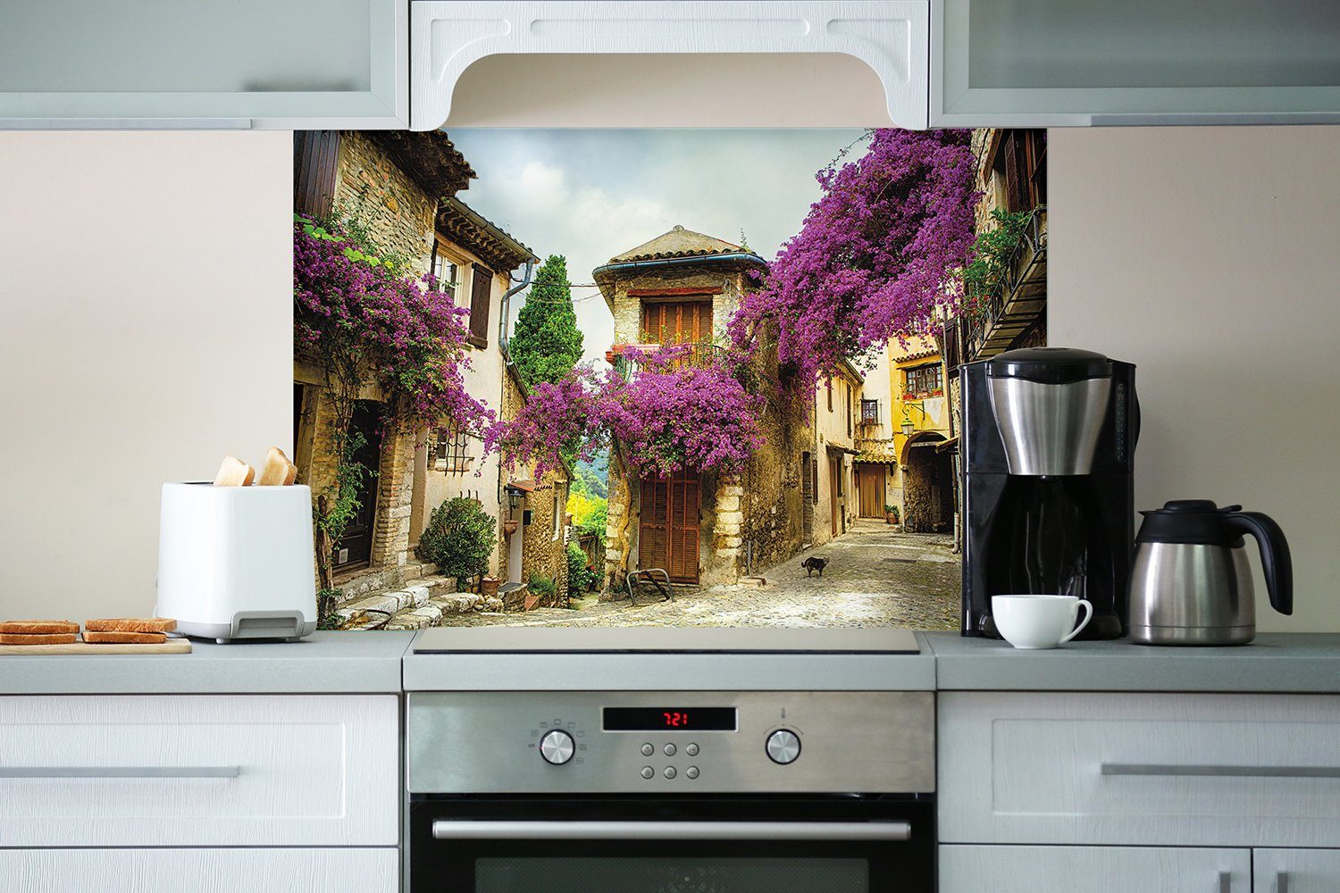 Küchenrückwand Provence Wallario der Stadt Blumen, bunten Malerische mit in (1-tlg)