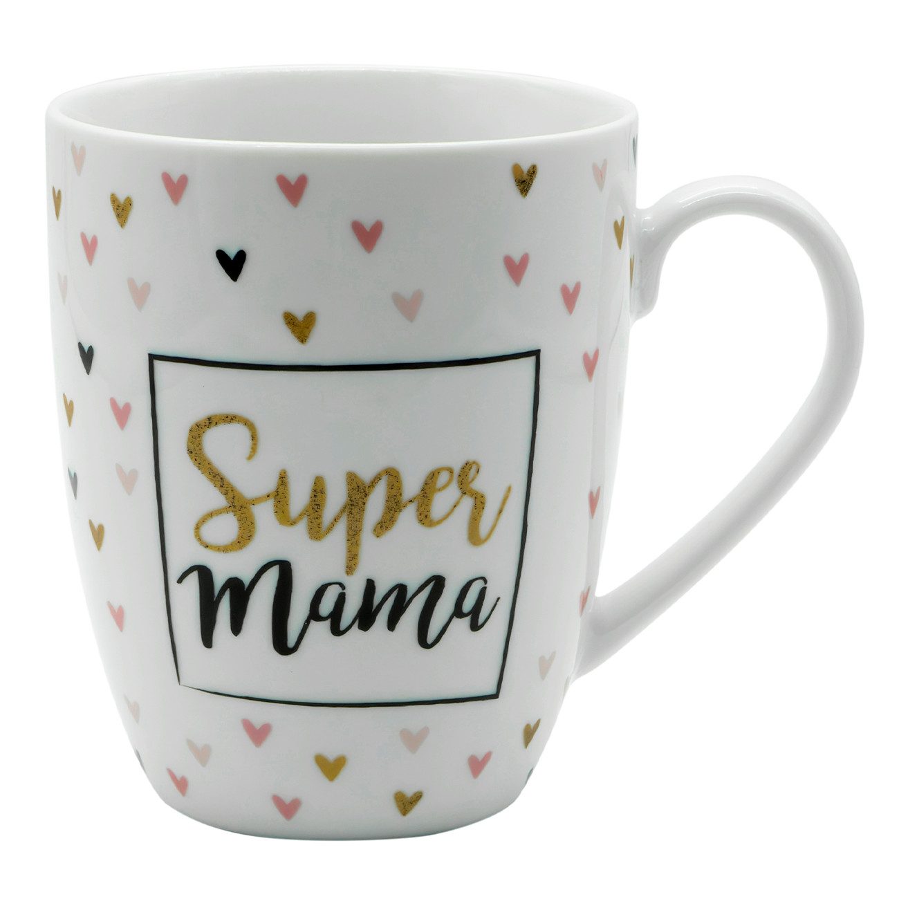 Geda Labels GmbH Tasse Super Mama Herzen, Porzellan, Weiß, 320ml, spülmaschinengeeignet