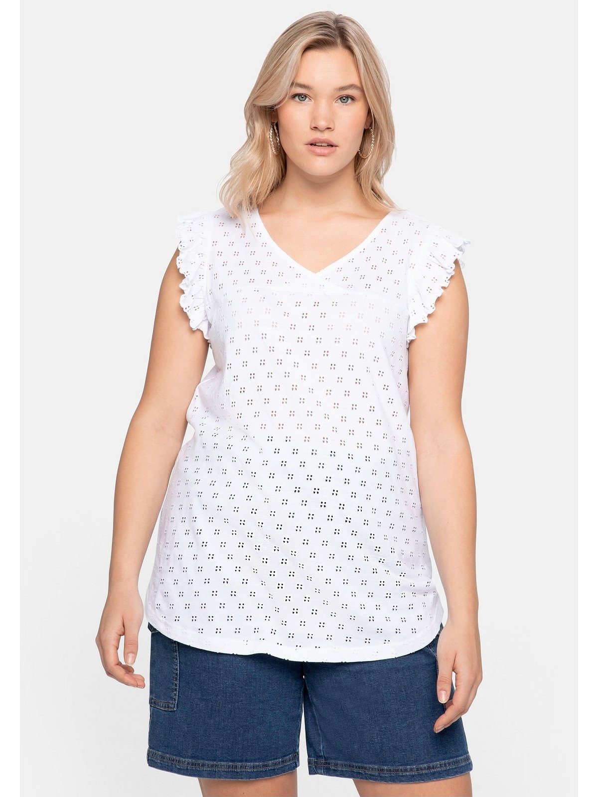 Sheego Tanktop Große Größen mit Lochmuster und Rüschen