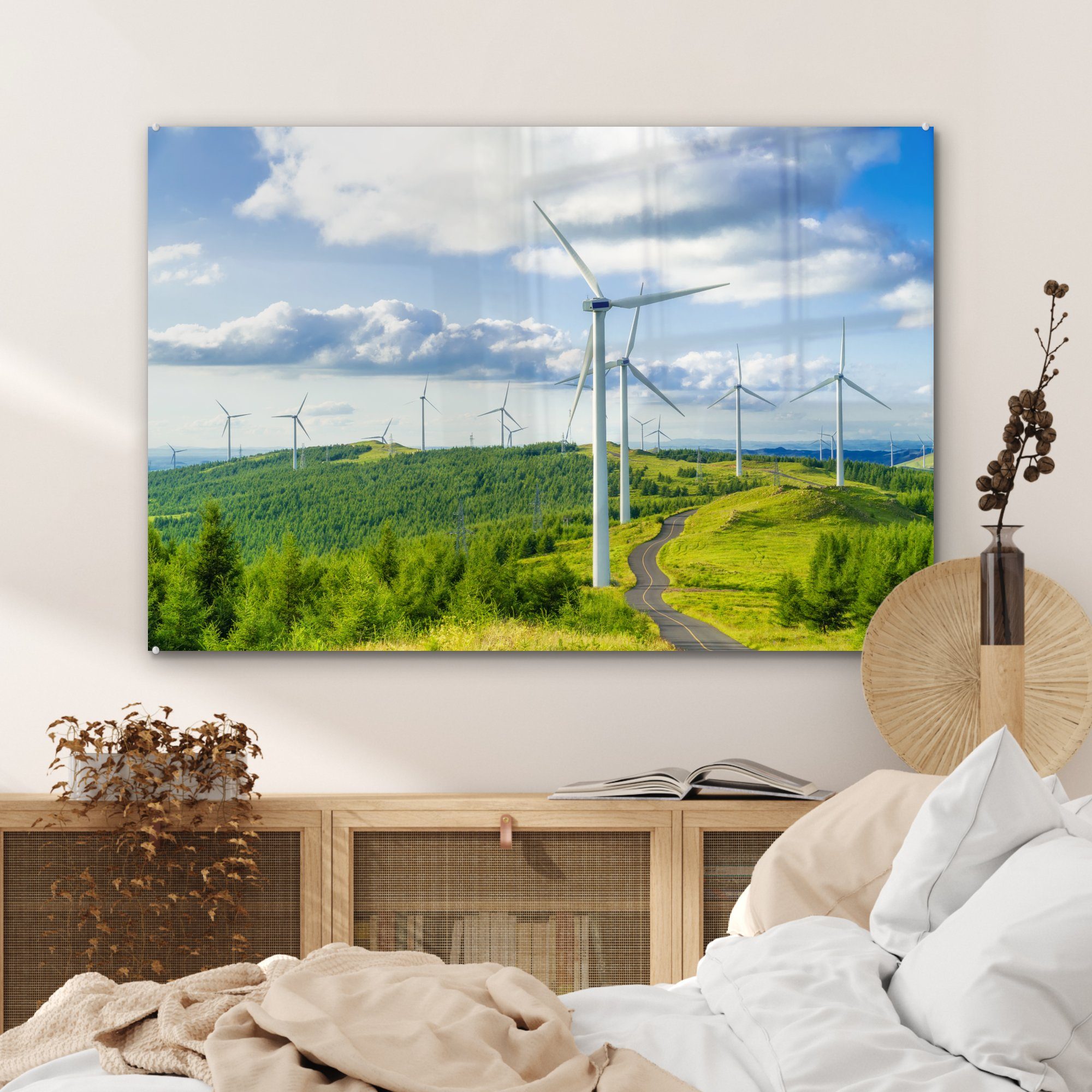 Ein St), Acrylglasbild von Acrylglasbilder Schlafzimmer Wohnzimmer MuchoWow Natur, (1 & in grüner Windmühlen Feld
