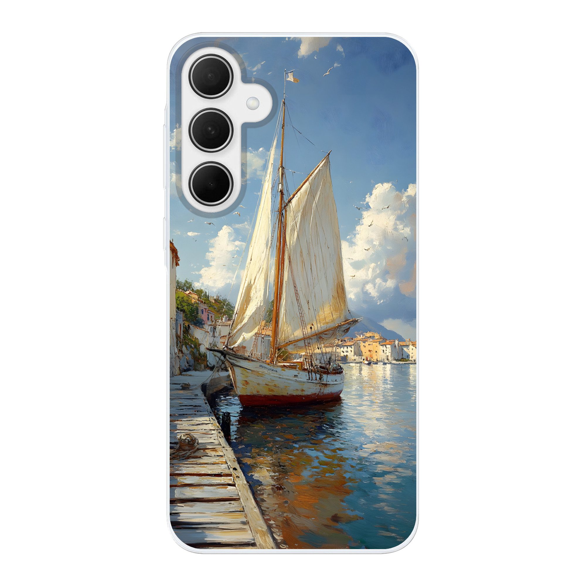 MuchoWow Handyhülle für Samsung Galaxy A35 5G Segelschiff - Häuser - Kai - Meer, Smartphone-Bumper, Print, Handy Schutzhülle Dünn
