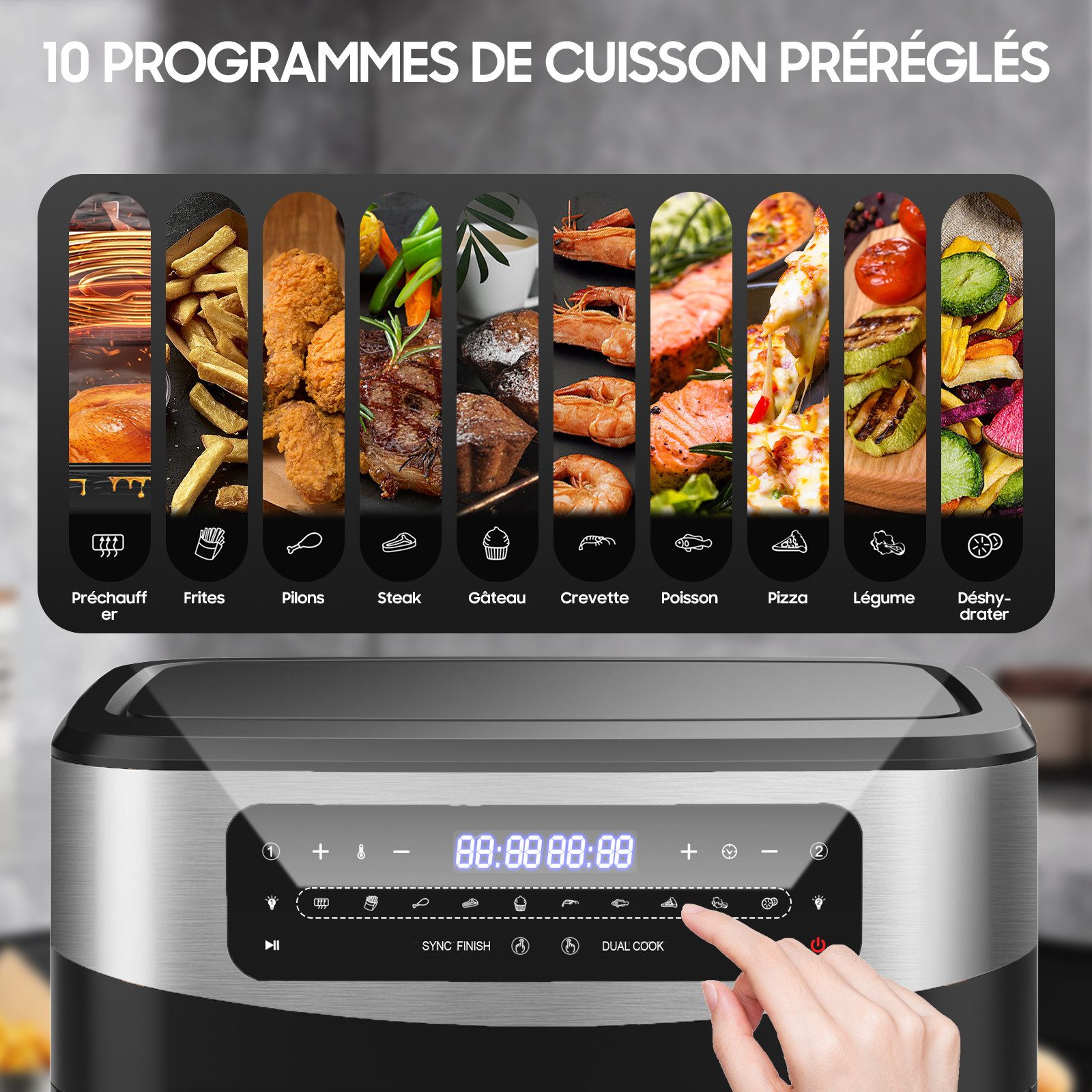 AIMAX Heißluftfritteuse Dual Zone Airfryer mit Sichtfenster, LED-Touch, 10 Programmen, gesund & fettarm, 2200 W, Doppelkammer mit herausnehmbarer Trennwand, Ind – Bild 5 von 5