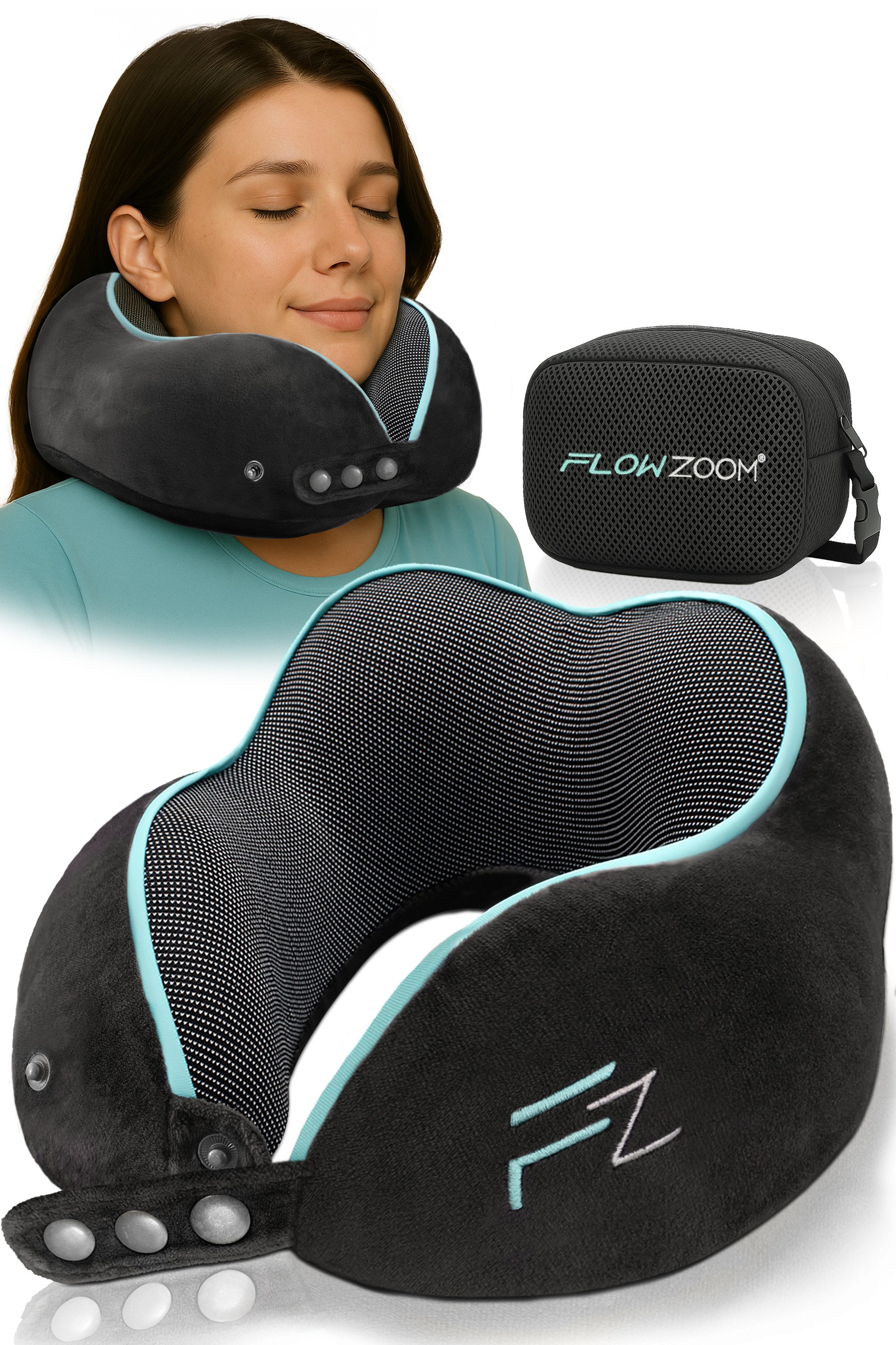 FLOWZOOM Nackenhörnchen COMFY - Nackenkissen Flugzeug - Reisekissen aus Memoryschaum, Nackenhörnchen für Erwachsene - Nackenkissen Reisen - verstellbar