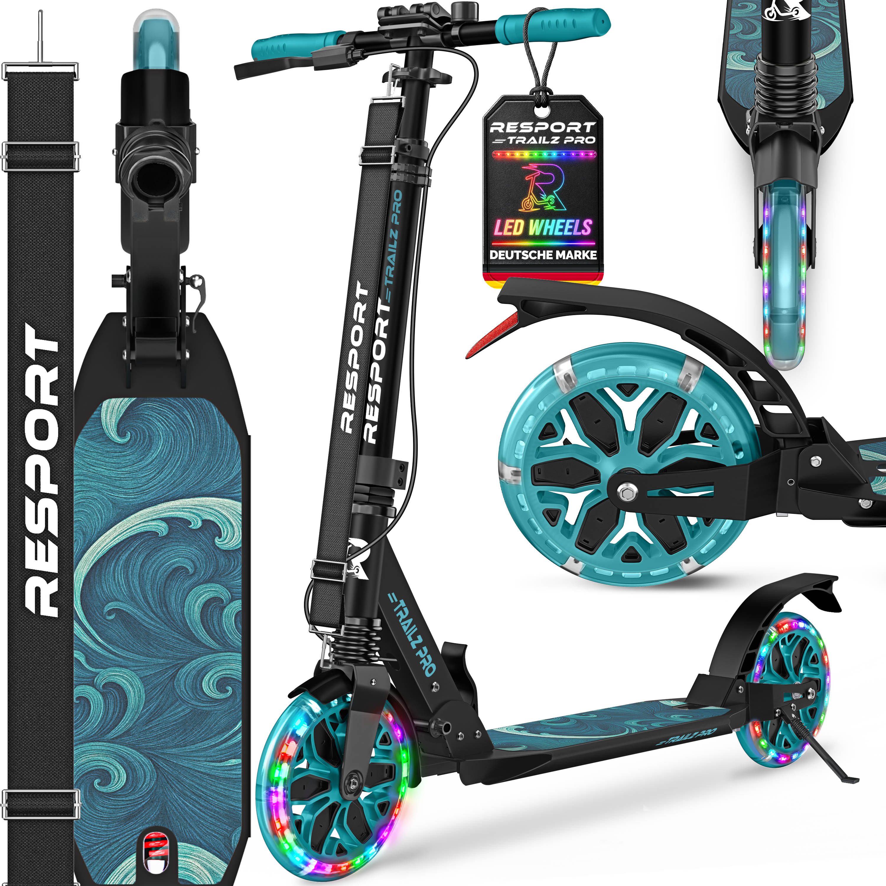 RE:SPORT Cityroller RE:SPORT® Trailz Pro Cityroller Scooter inkl. Tragegurt und Klingel, (Scooter höhenverstellbar & klappbar, Kickscooter Tretroller inkl. Handbremse & Doppelfederung), Cityroller für Kinder & Erwachsene mit LED, Klingel & Tragegurt