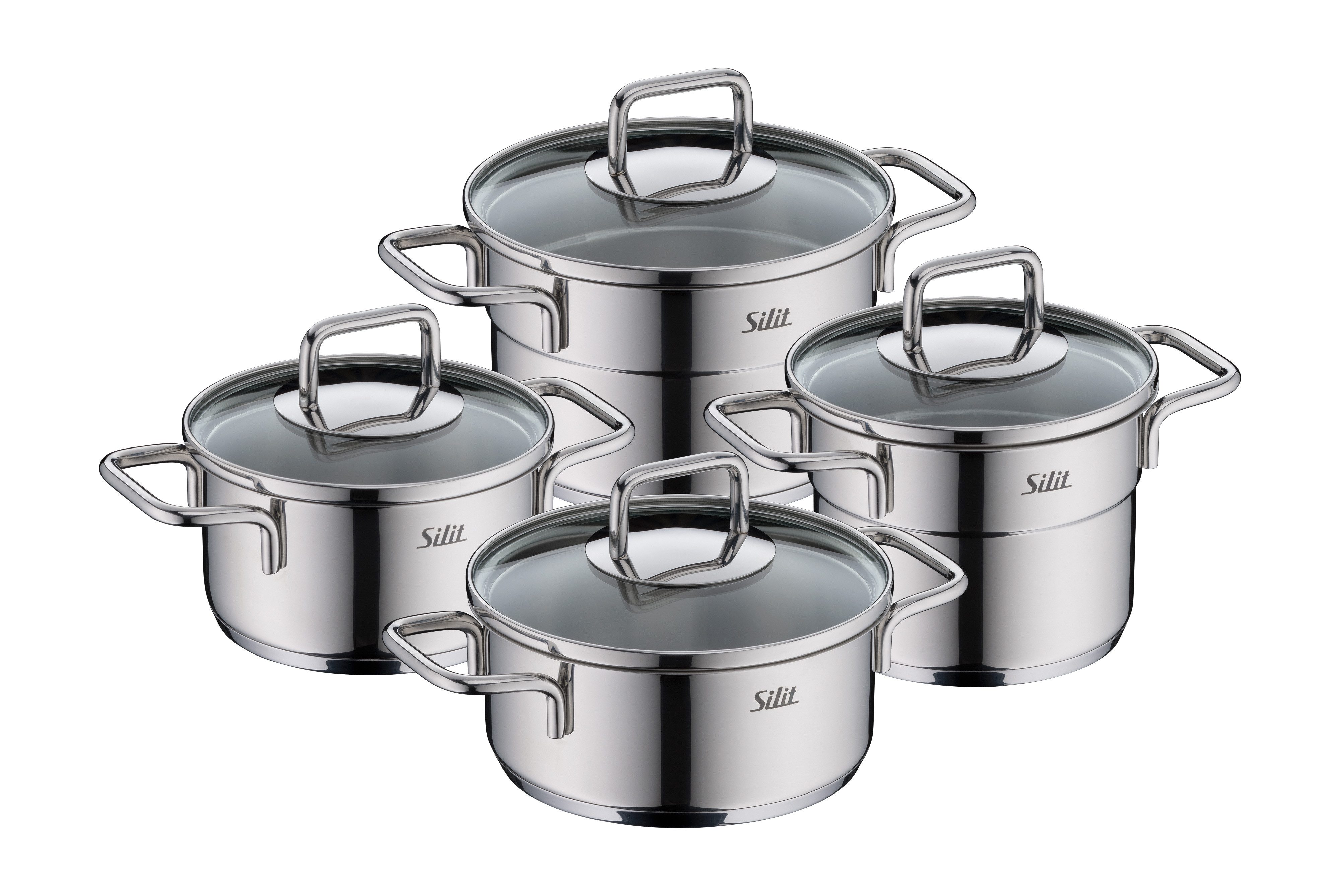 Silit Topf-Set Extra Cook Mini, Kochgeschirr-Set Induktion mit Glasdeckeln, stapelbar, Edelstahl 18/0 (Set, 8-tlg., 2 x Kochtopf 12/14cm, 2 x Bratentopf 12/14cm, 2 x Glasdeckel 12/14cm), SiliTherm Universalboden, breiter Schüttrand, spülmaschinengeeignet