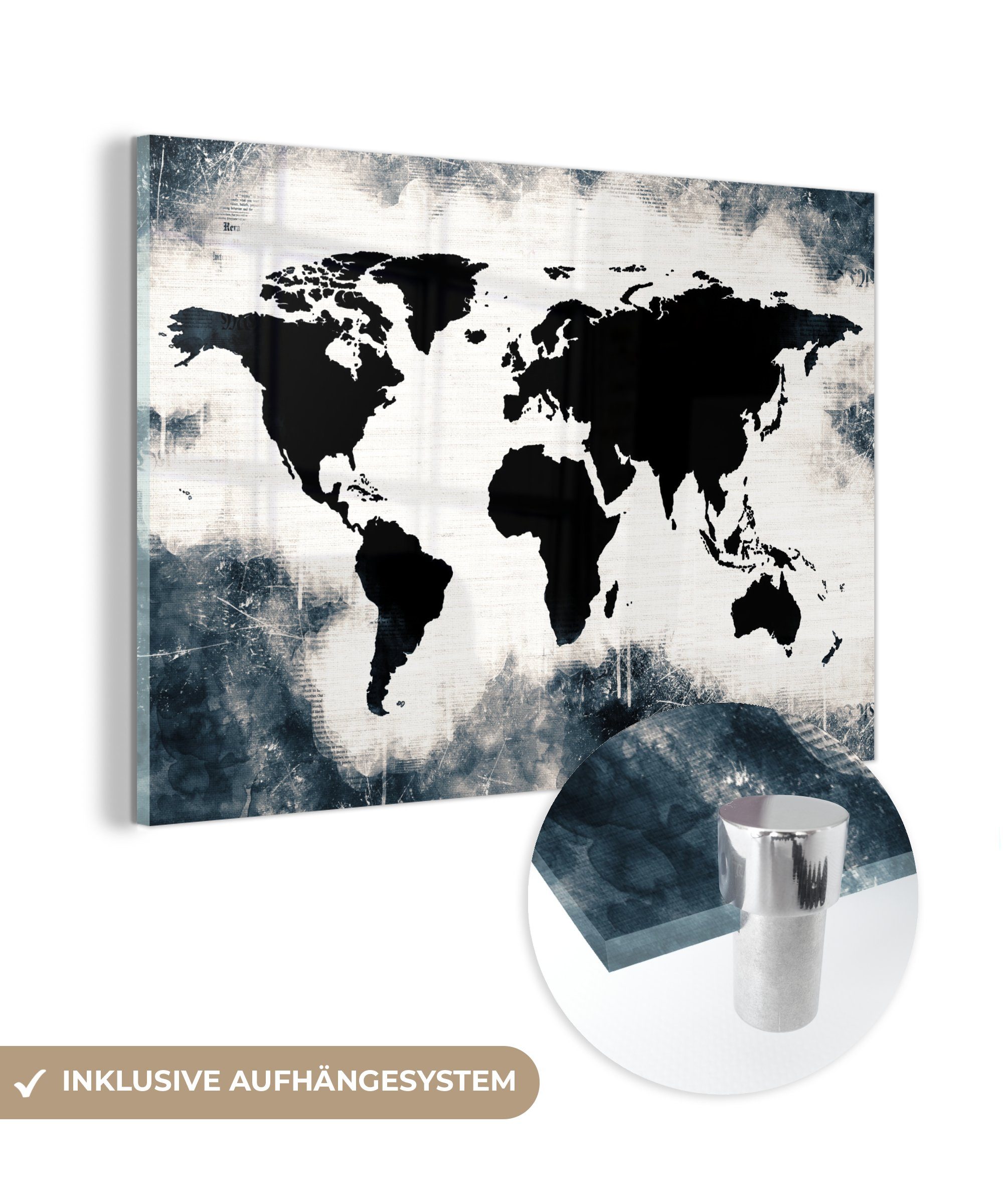 MuchoWow Acrylglasbild Weltkarte - Holz - Schwarz, (1 St), Glasbilder - Bilder auf Glas Wandbild - Foto auf Glas - Wanddekoration