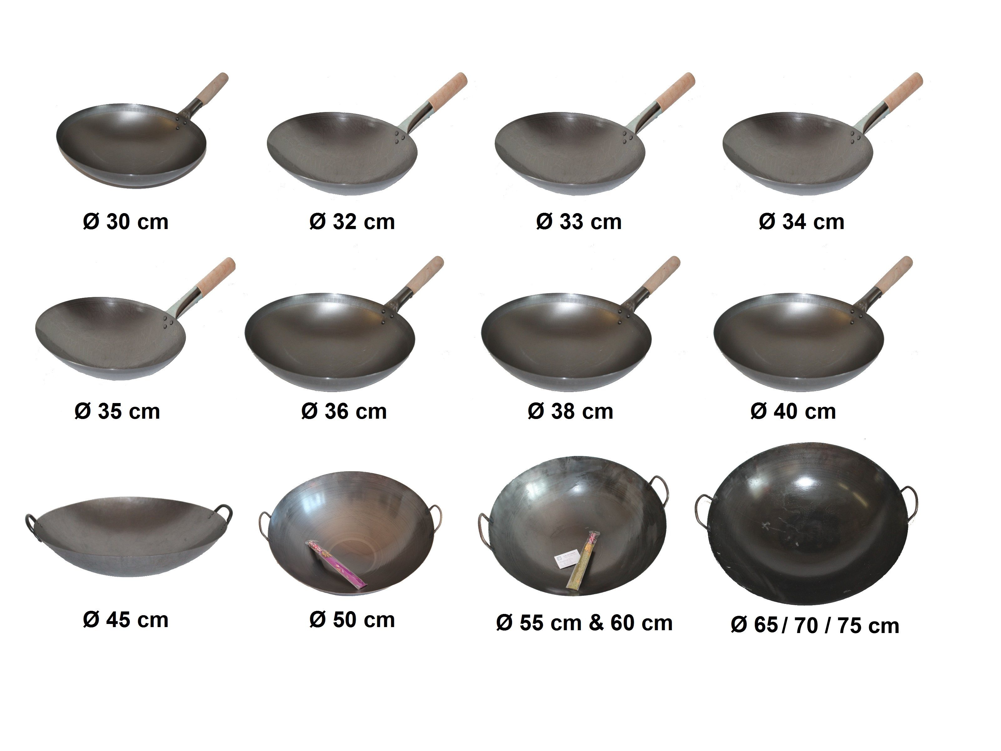 AAF Nommel Wok 30 bis 40 cm Ø China Gastronomie runder Boden Gasherd Carbon  Stahl, Karbon-Stahl, Natürliche Antihaftbeschicchtung nach dem Einbrennen,  Patina