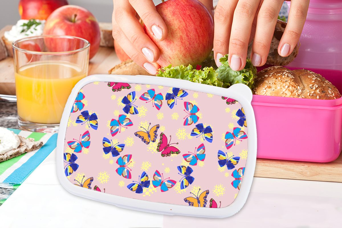 Brotbox - Lunchbox Muster -, Kinder, Erwachsene, Mädchen MuchoWow - - Mädchen, Snackbox, rosa für - Kunststoff, Kinder Mädchen Insekten Brotdose - (2-tlg), Kunststoff Schmetterling
