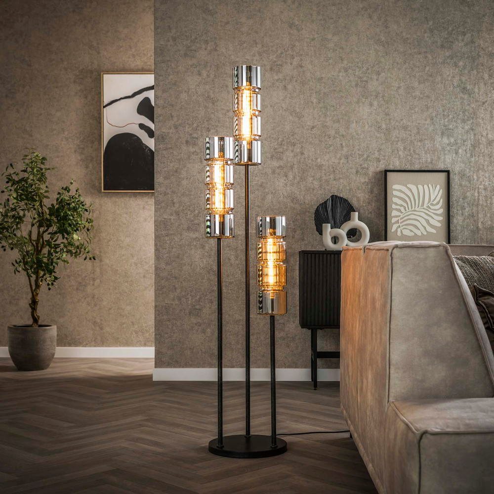 famlights Stehlampe Stehleuchte Belina in Chrom und Schwarz E27 3-flammig