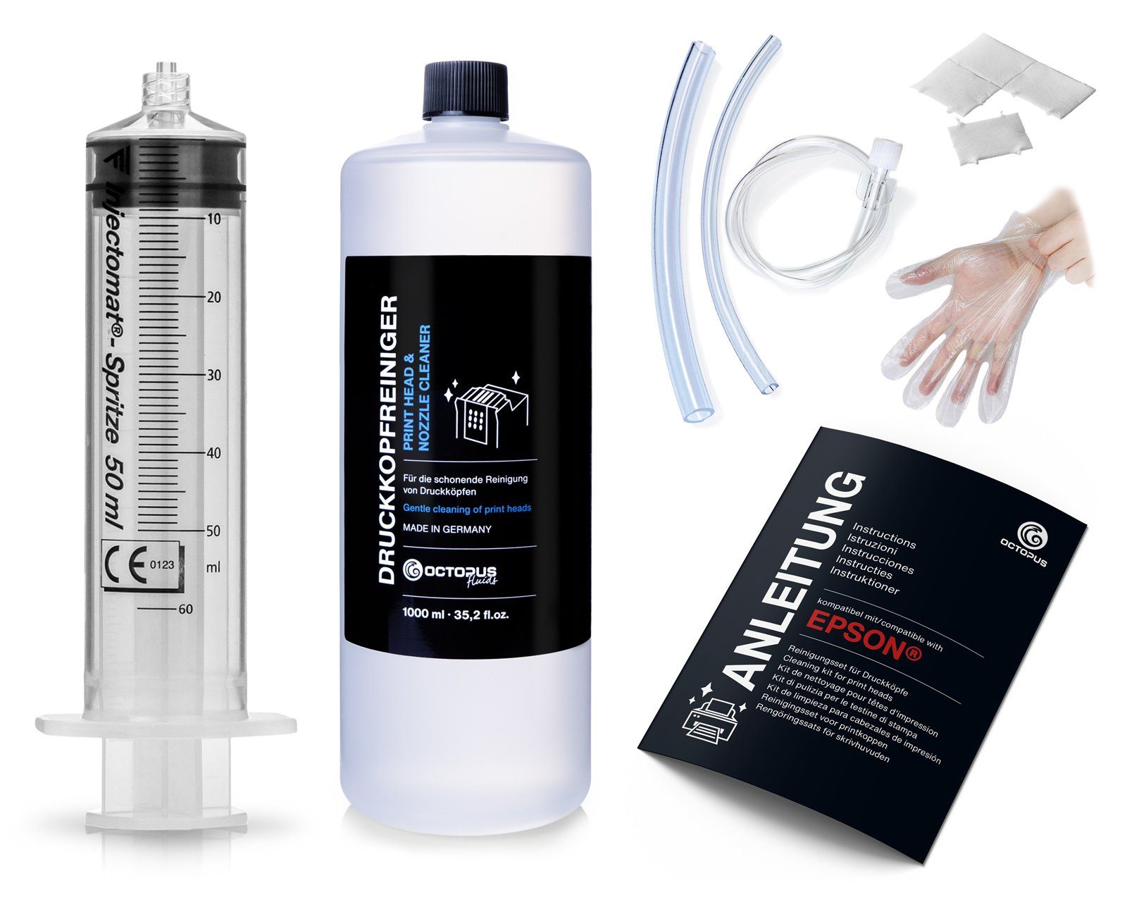 OCTOPUS Fluids Düsenreiniger 1000ml für Epson Druckköpfe mit Schlauchadapter Nachfülltinte (für Epson, Reinigungsset, 1x 1000 ml, Made in Germany)