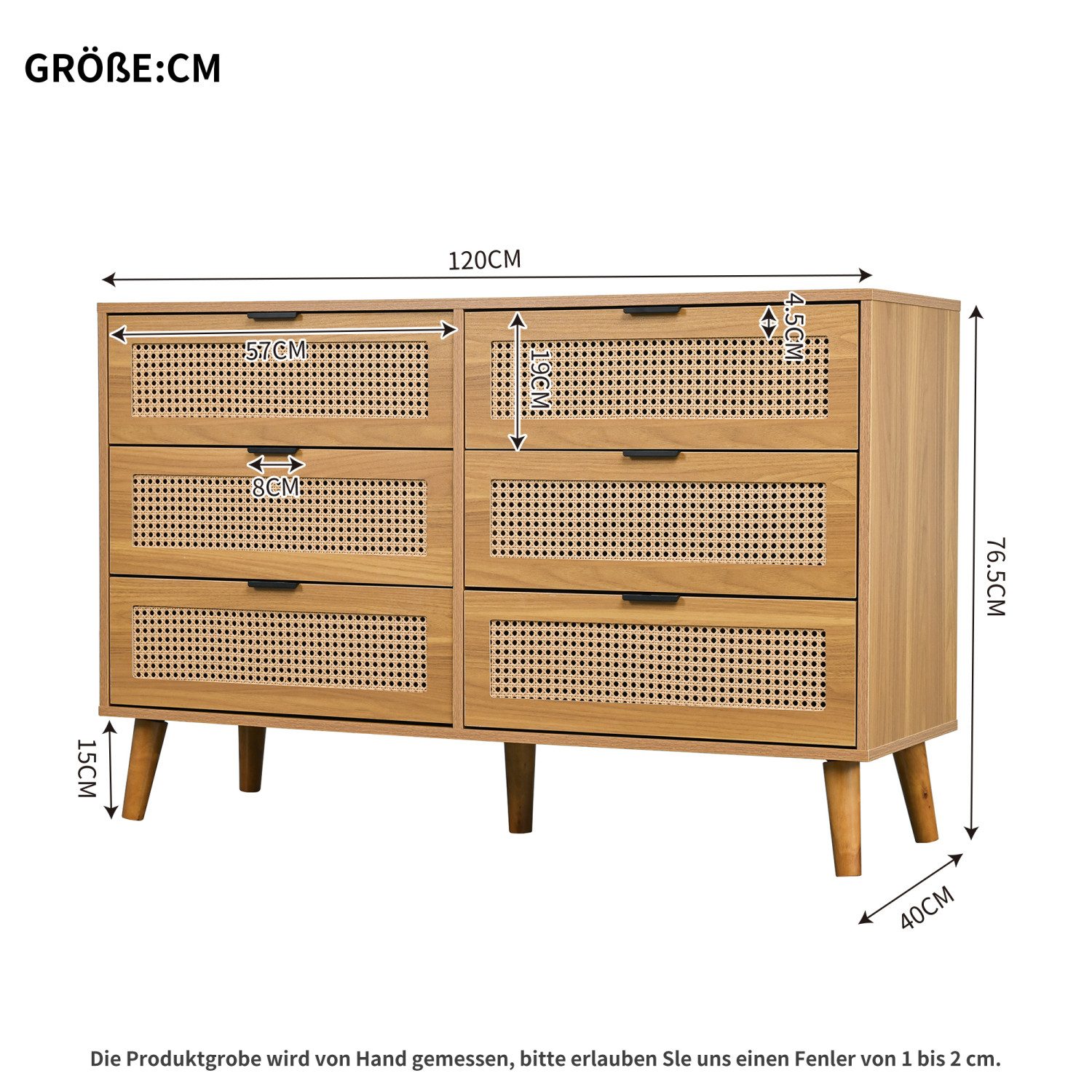 Flieks Kommode mit 6 Schubladen Rattan (B120/H76,5/T40 cm, 1 St), Sideboard Schubkastenkommode Aufbewahrungsschrank, Massivholzbeine – Bild 4 von 5
