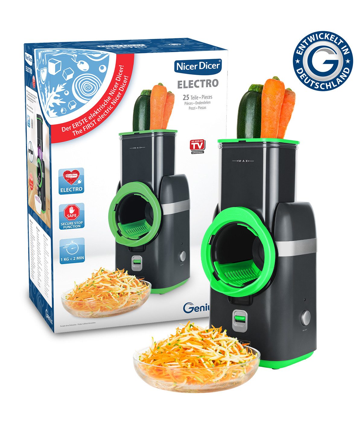 Genius Gemüseschneider Nicer Dicer Electro, 25 tlg, Gemüsehobel elektrisch, 6 Einsätze, 80 W, Extra-scharfe G-NOX Edelstahlklingen, einfache Reinigung, kompakt