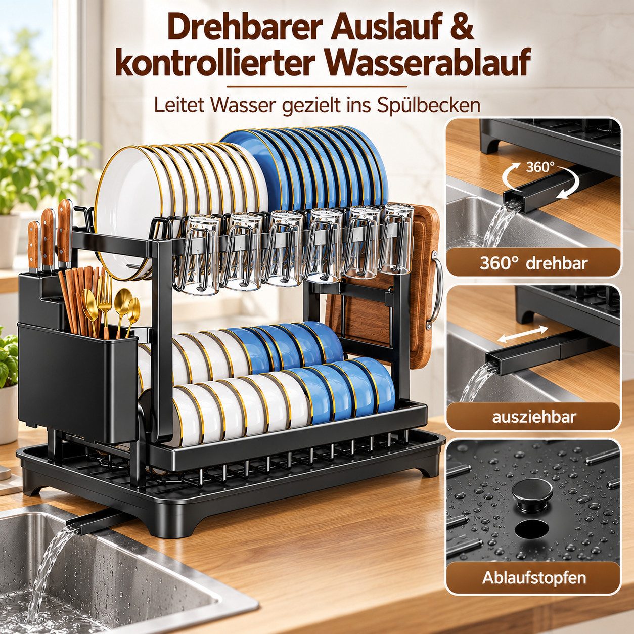 Luckice Geschirrständer 2-Etagen Abtropfgestell, Große Kapazität, 360°-Ablauf, stabile Carbonstahl-Konstruktion – Bild 4 von 5