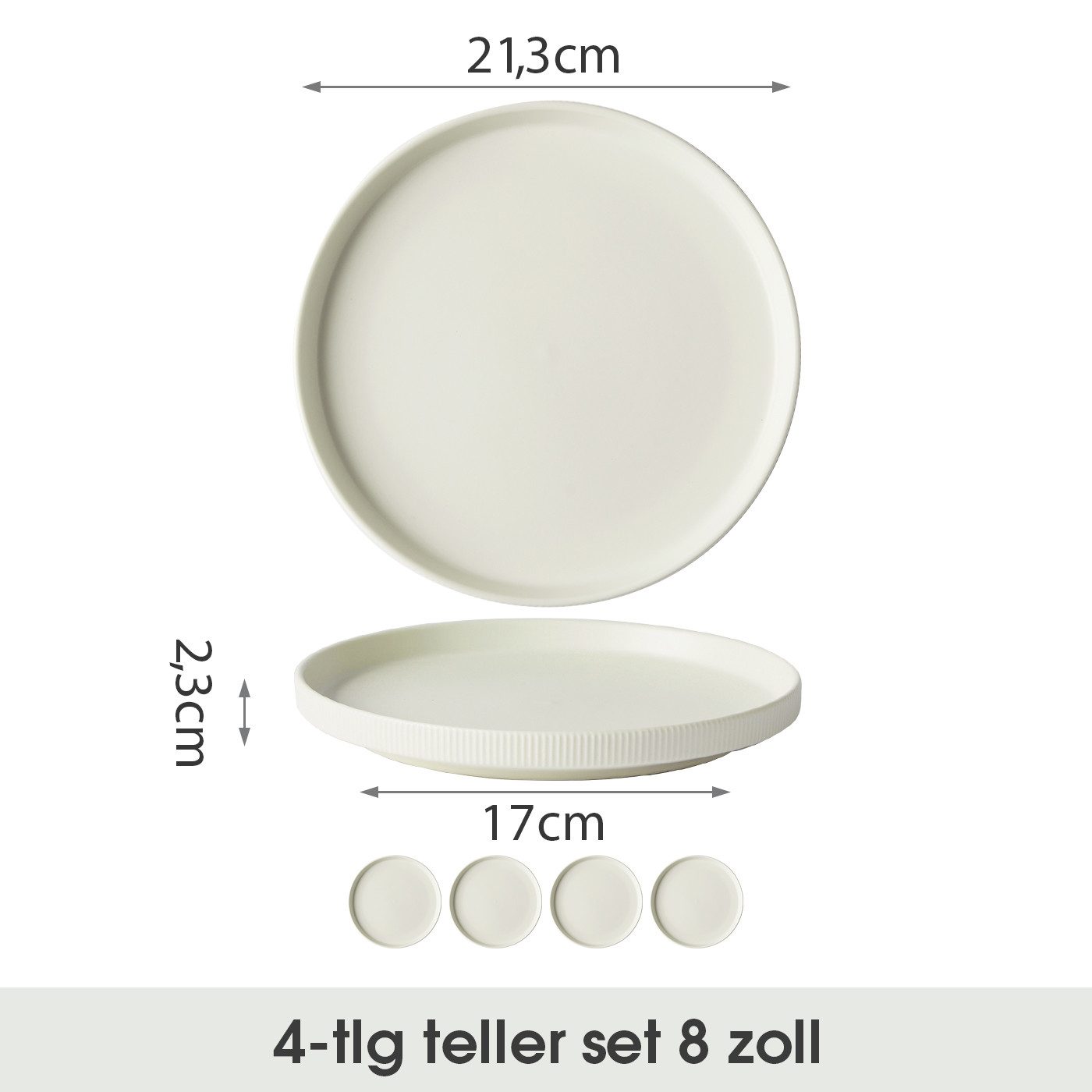 JIWOO Teller 4er Ø21,3cm, Speiseteller Steakteller Dessertteller Brotteller Plate, (4 St), Keramik Hochwertiges Tellerset Weiß Mikrowellen spülmaschinenfest