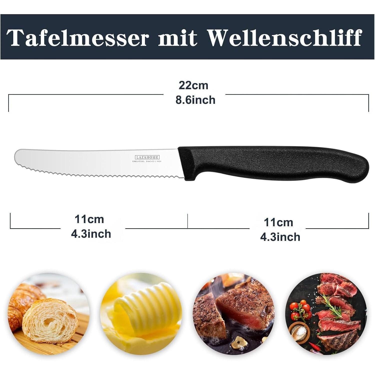 LuxusKollektion Tafelmesser Frühstücksmesser Messerset Edelstahl Wellenschliff 6 Stück Schwarz