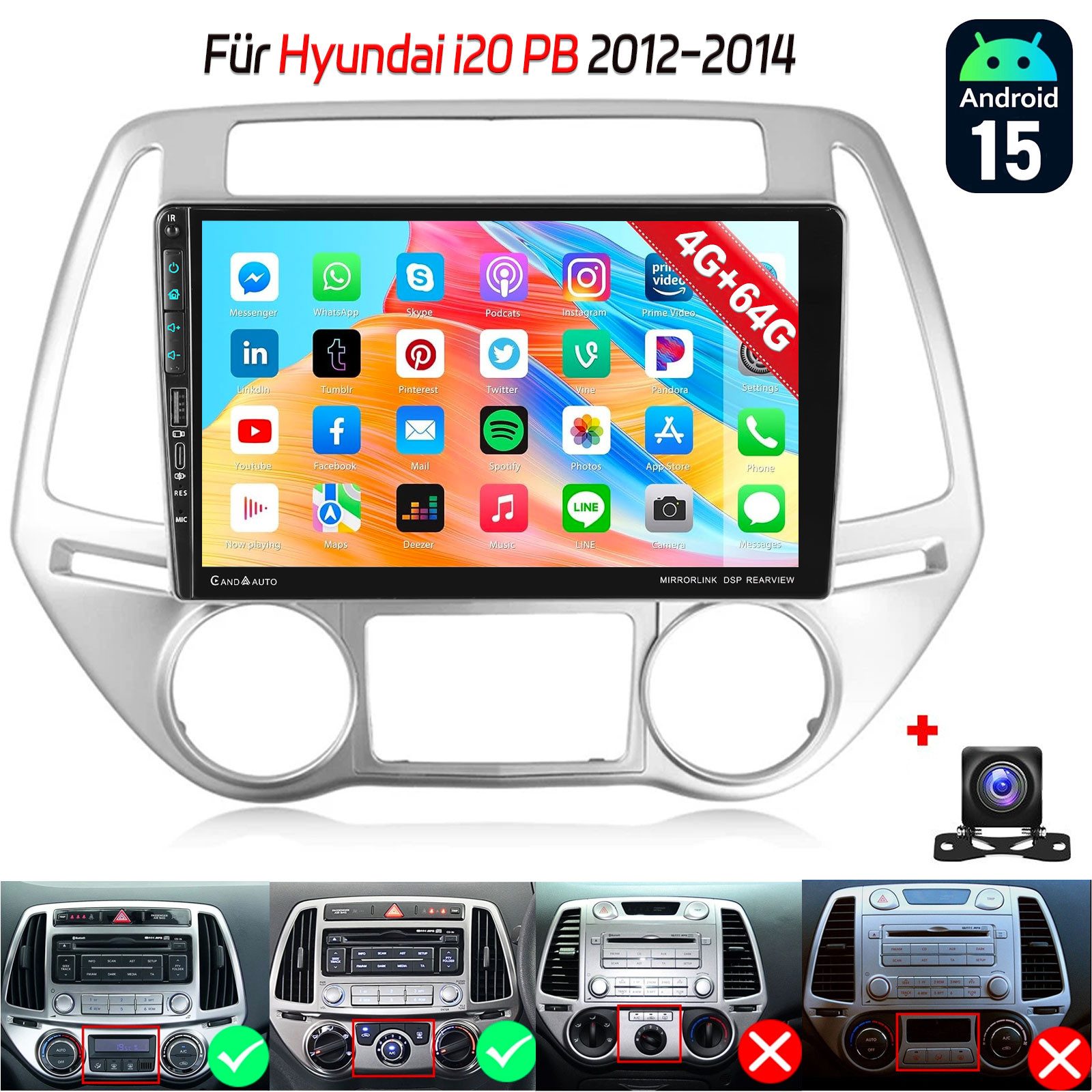 ESSGOO Android15 Autoradio GPS Navi Für Hyundai i20 PB 2012-14 mit USB Type-C Autoradio (RDS, 4+64GB(optional), DAB (optional), FM, AM, DAB+ (optional), Carplay Android Auto Bluetooth EQ USB GPS Navi WIFI Touchscreen)