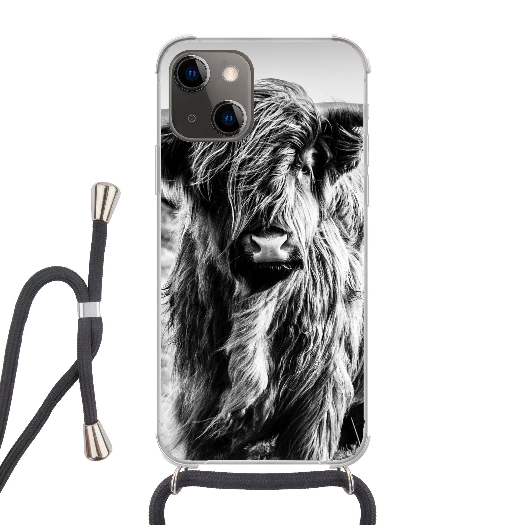 MuchoWow Handyhülle für Apple iPhone 13 Mini Schottischer Highlander - Natur - Kuh - Schwa, Tragbare Handyhüllen mit Kette zum umhängen, Handykette Handyband