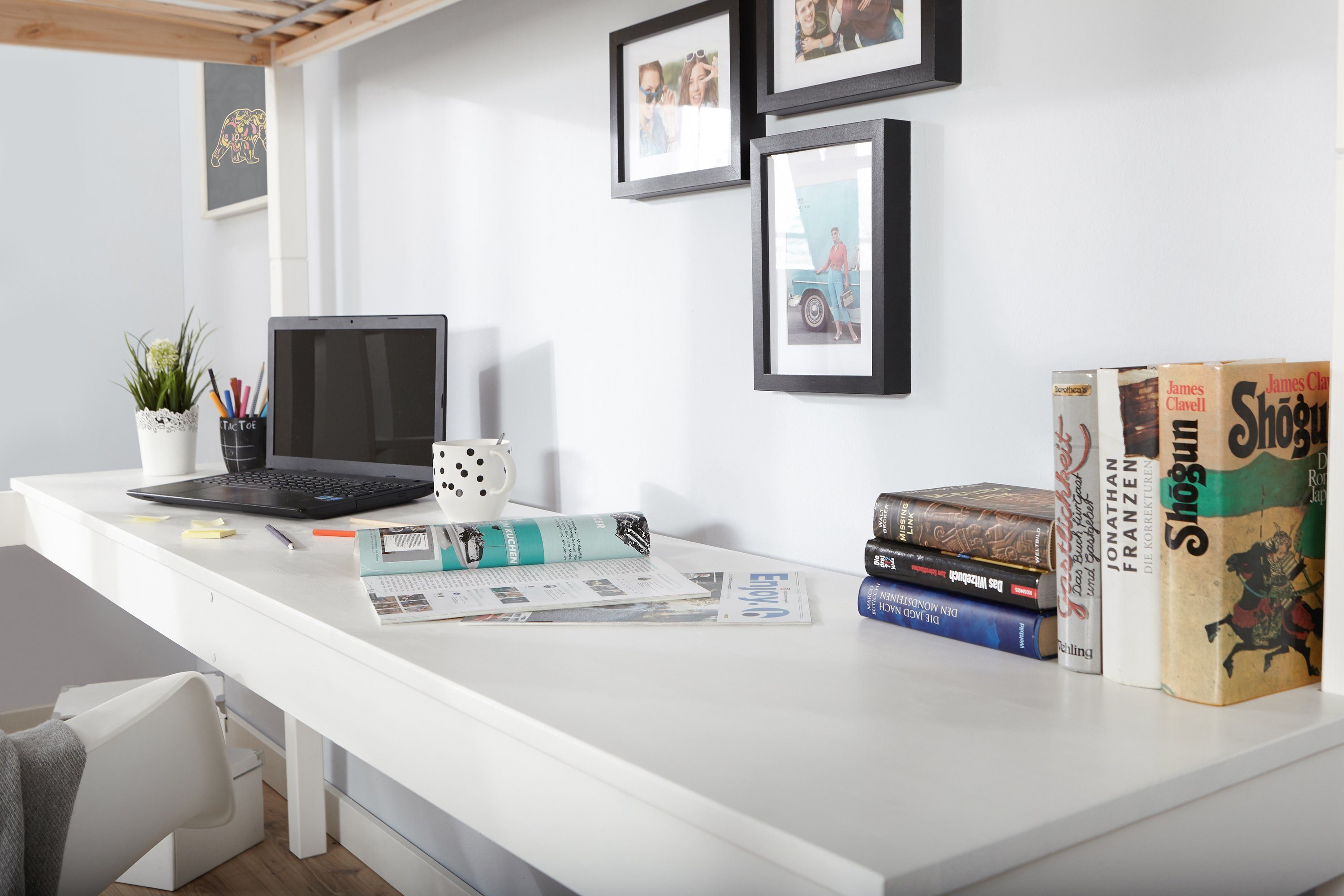 Ticaa loft bed “Felix” with desk, solid pine, optimal space utilization, desk surface dimensions L206 x W50 cm