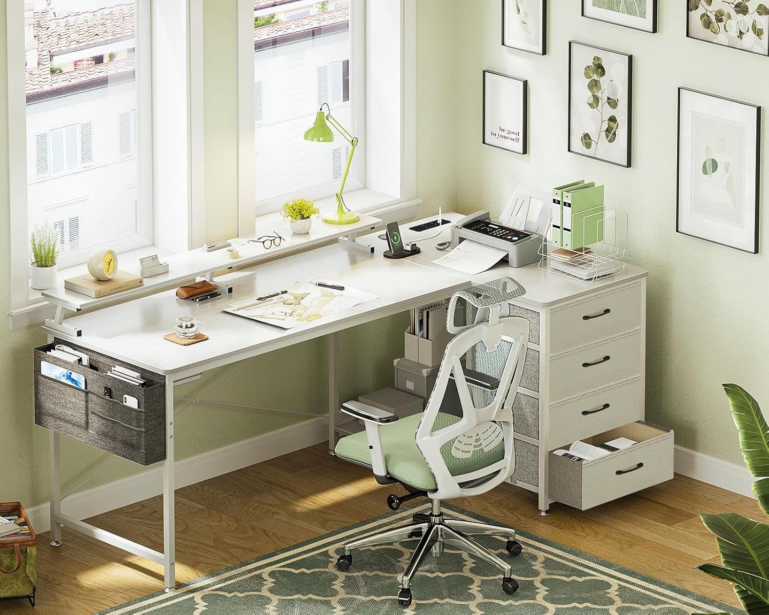 ODK Eckschreibtisch L-Form mit 4 Schubladen, 2 USB Ladeanschlüssen & 2 Stec günstig online kaufen