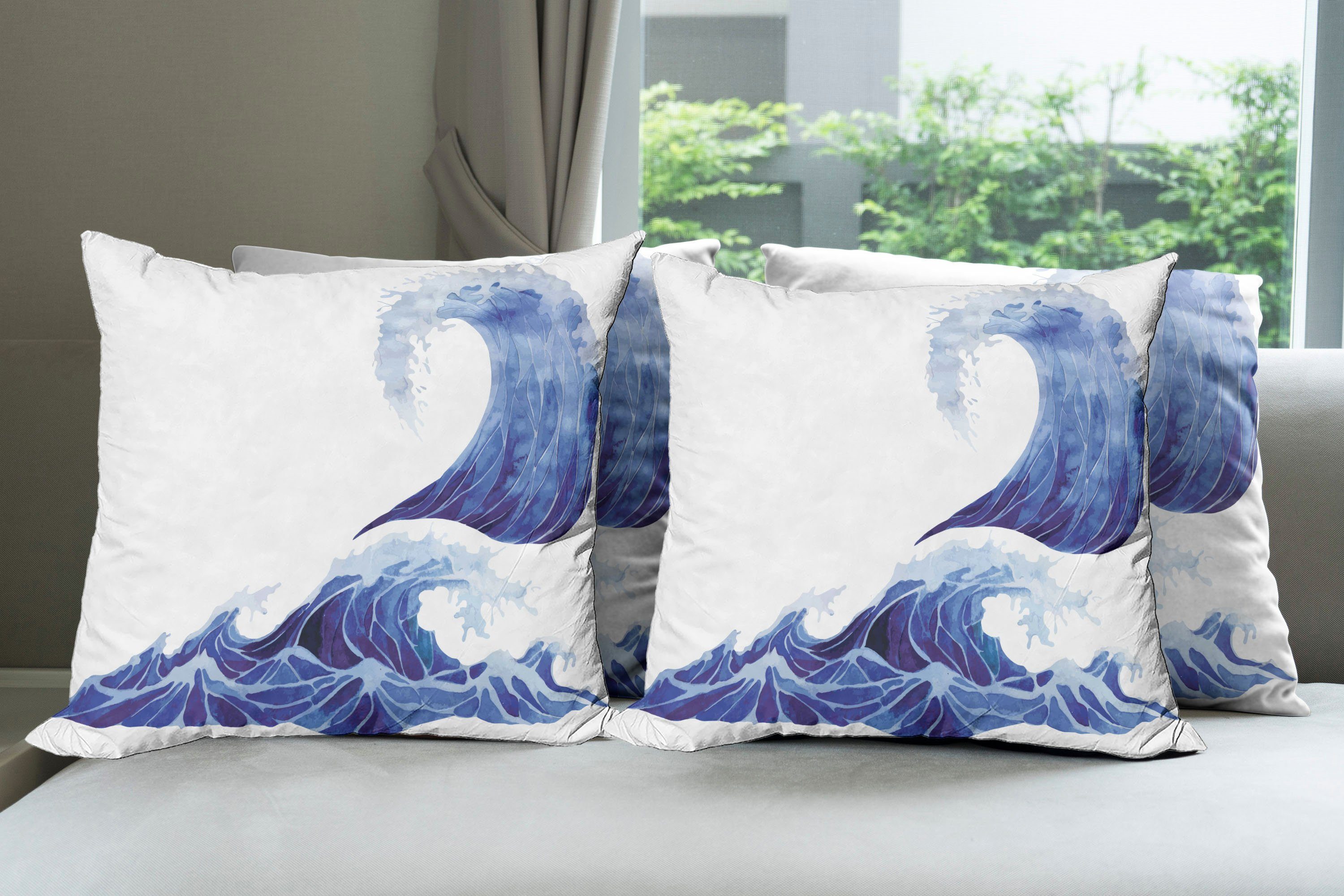 Modern (4 Accent Stück), Abakuhaus Aquatic Kissenbezüge Ozean Doppelseitiger Waves Sturm Blue Digitaldruck,