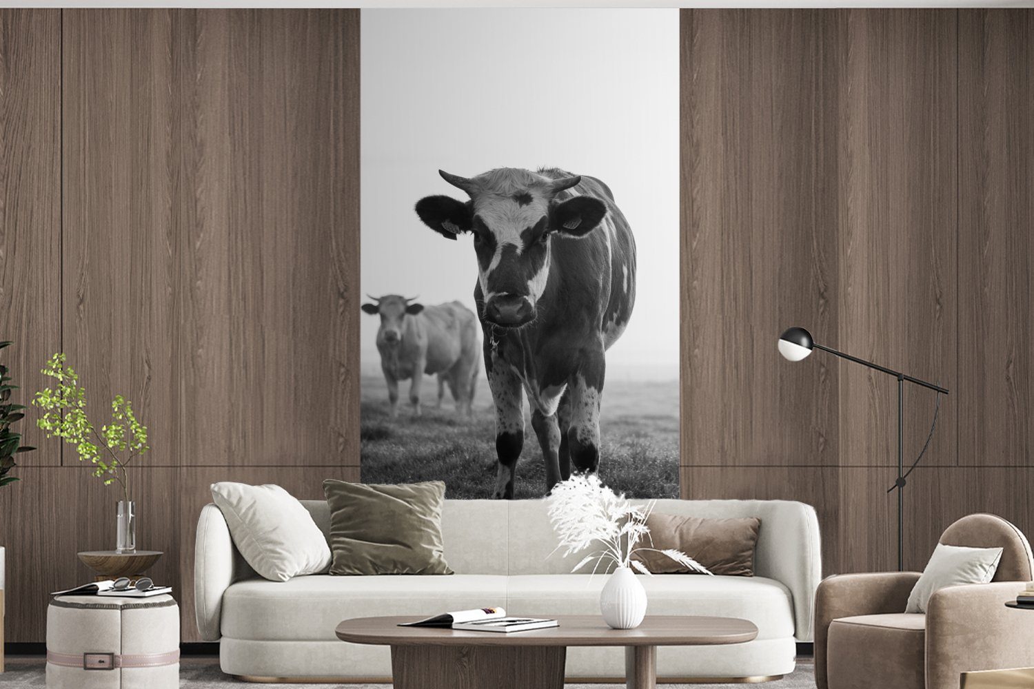 MuchoWow Fototapete Kühe im Morgennebel Wohnzimmer Schlafzimmer (2 Fototapete Matt, Foto, St), für Küche, Vliestapete schwarz-weiß bedruckt