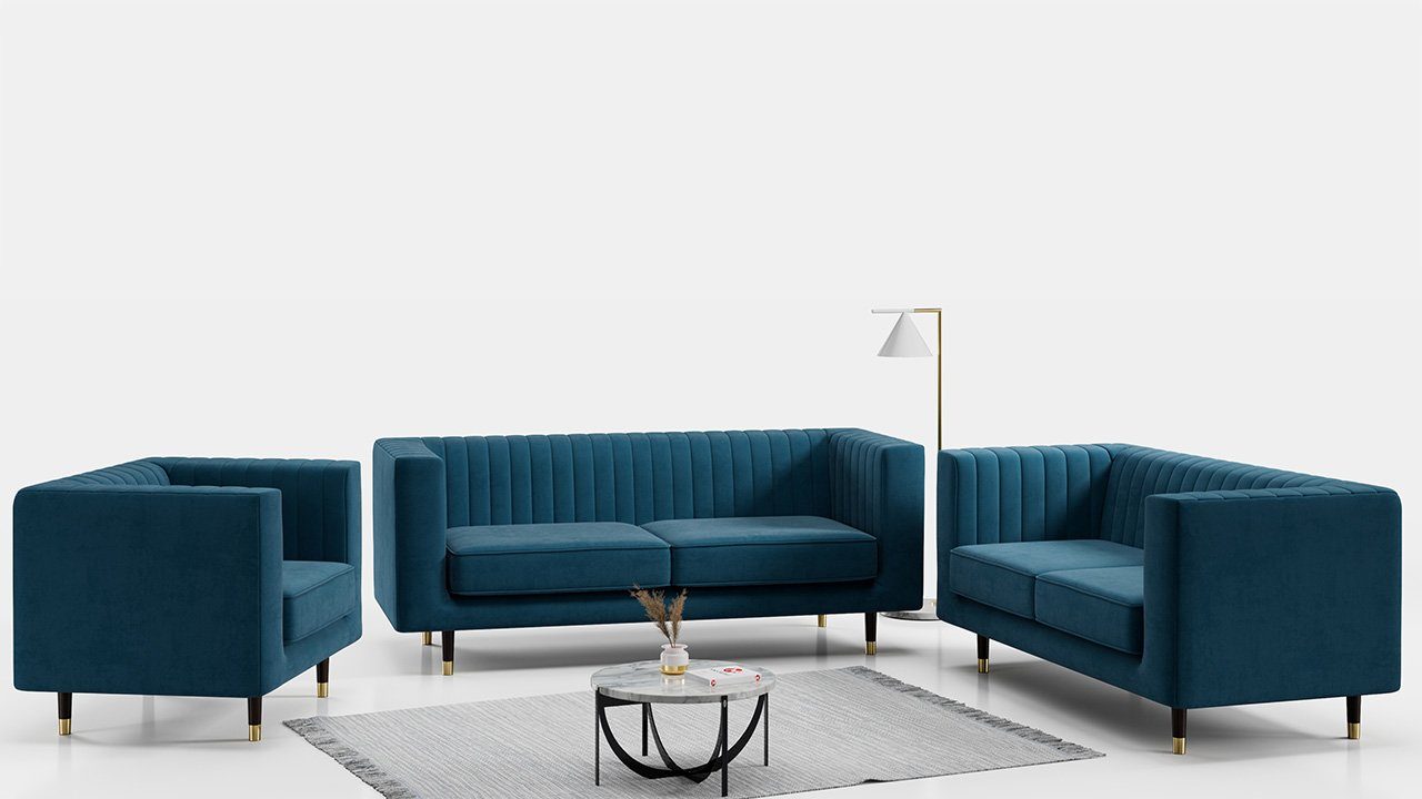 MÖBEL Möbelset Kronos Blau im Beinen, mit ELMO Loungemöbel 2 Sofa modischen MKS hohen Stil, 3 1,