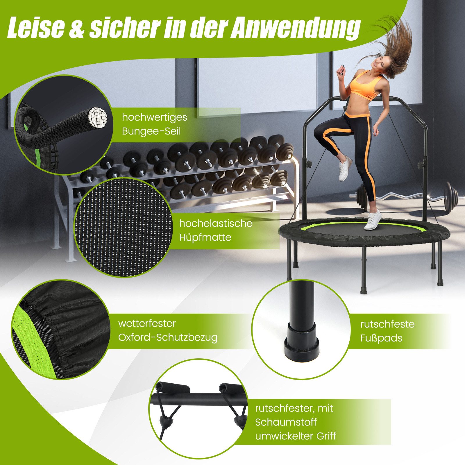 COSTWAY Fitnesstrampolin Ø101cm, höhenverstellbarer Haltegriff & 2 Widerstandsbändern