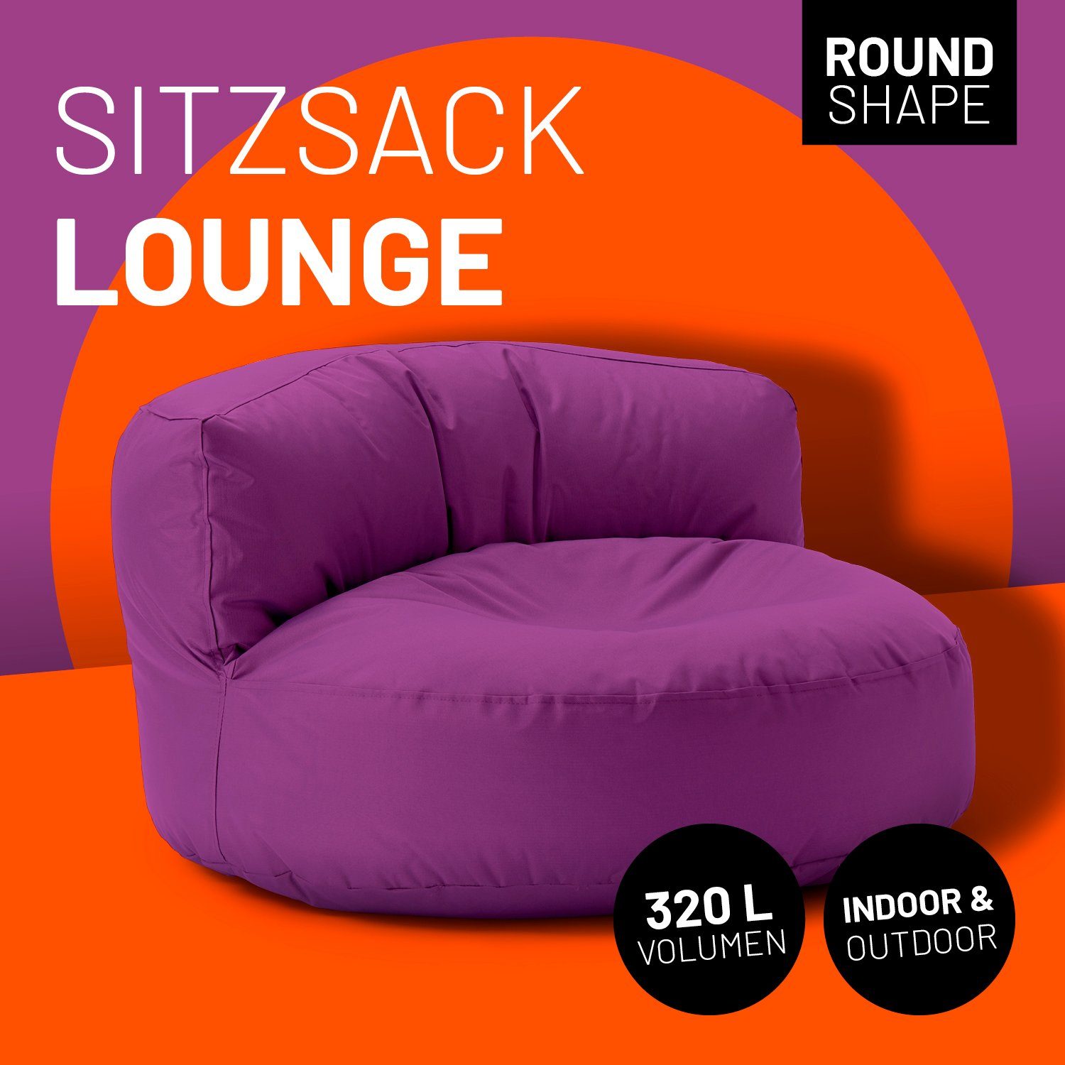 Lumaland Sitzsack Round Sofa Sitzkissen 90x90x50cm Bag inkl. In-& Couch lila Outdoor Rückenlehne Bean Lounge