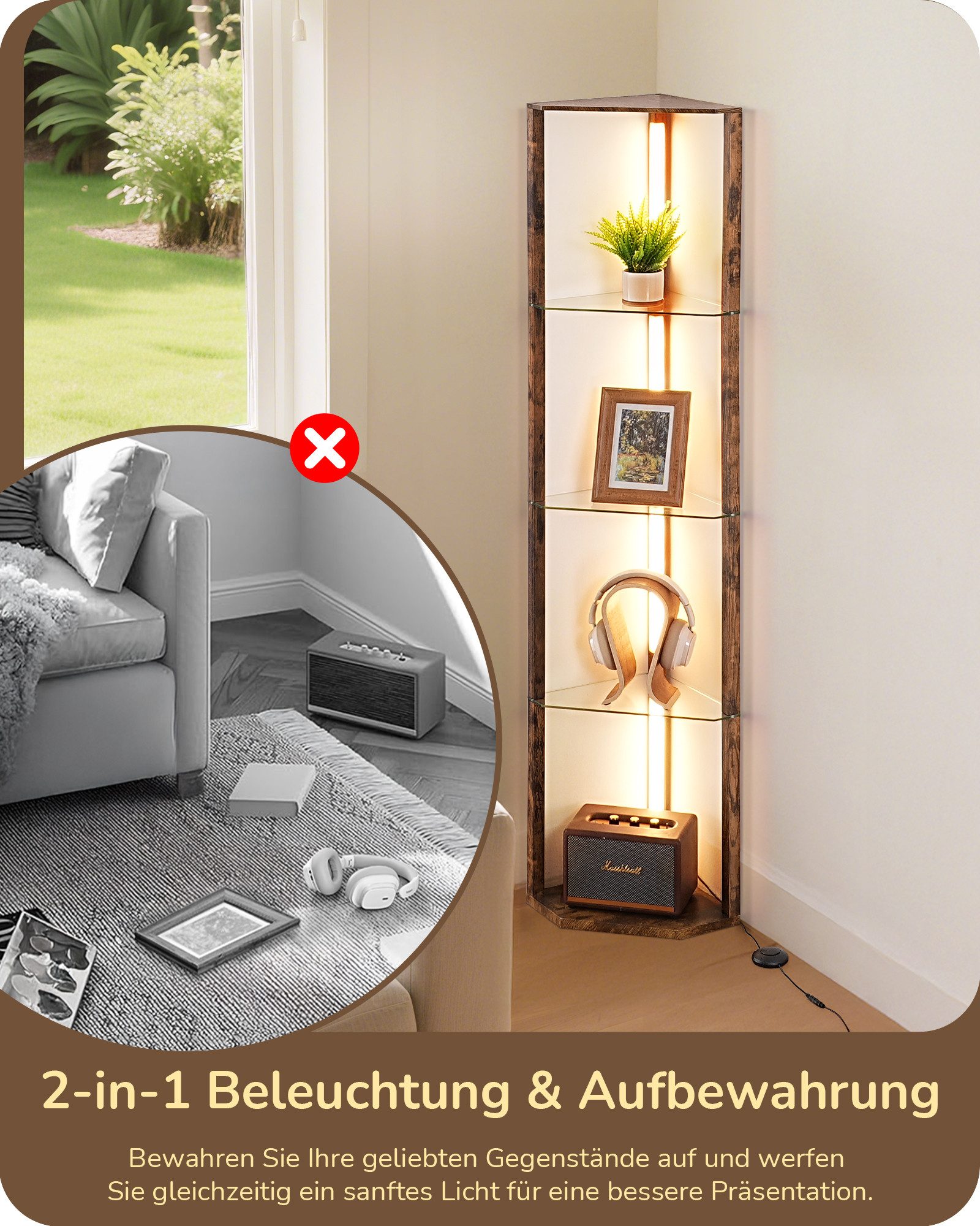 EDISHINE Stehlampe Wohnzimmer Dimmbar, Standleuchte mit Ablage, Ohne RGB, LED fest integriert, warmweiß bis kaltweiß dimmbar, LED Dimmbar Stehleuchte, Regal mit Licht