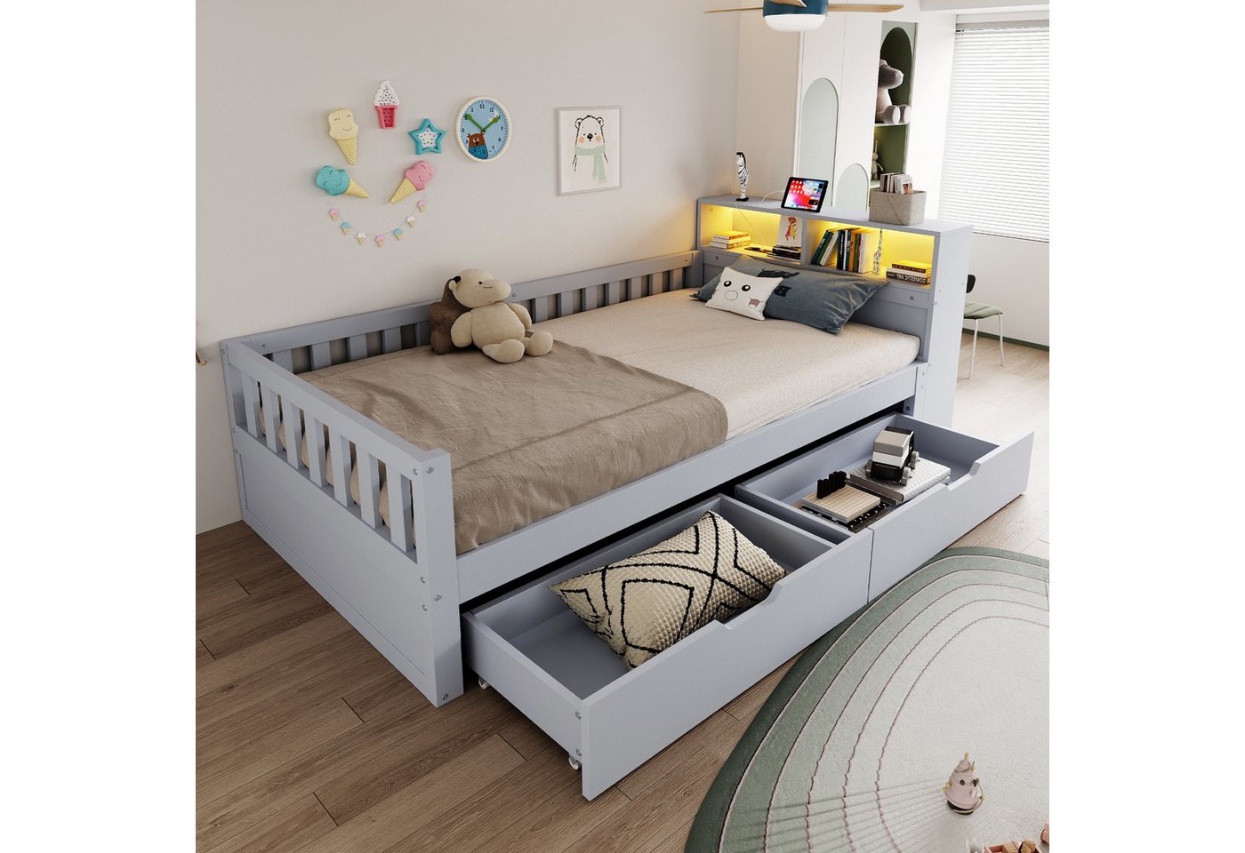Flieks Holzbett, Kinderbett Einzelbett 90×200cm mit Schubladen, Lichtleiste, Aufladen
