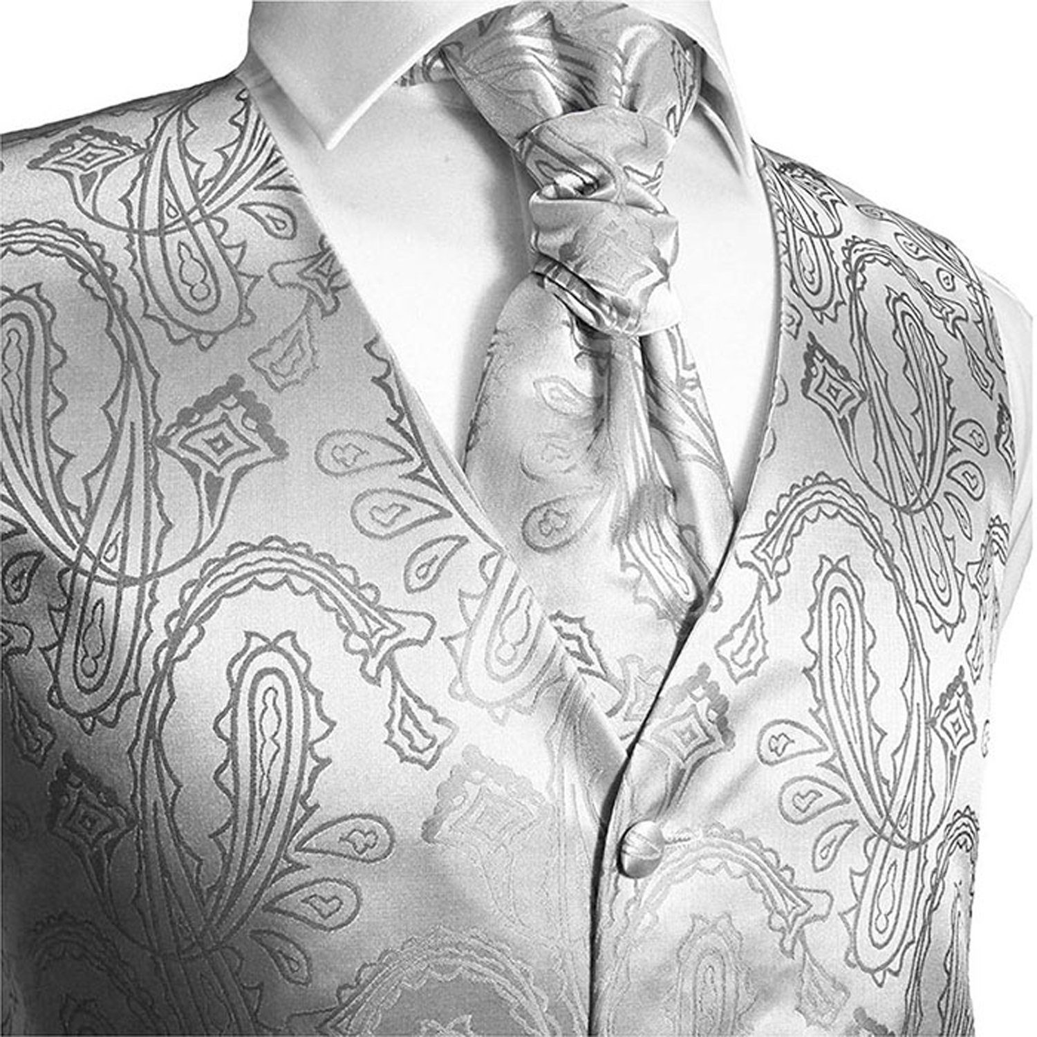 Paul Malone Anzugweste Herren Hochzeitsweste mit Plastron Set 2tlg paisley - Bräutigam (Set, 2-tlg., mit Weste und Plastron) silber grau V3, Gr. 48 (XS)