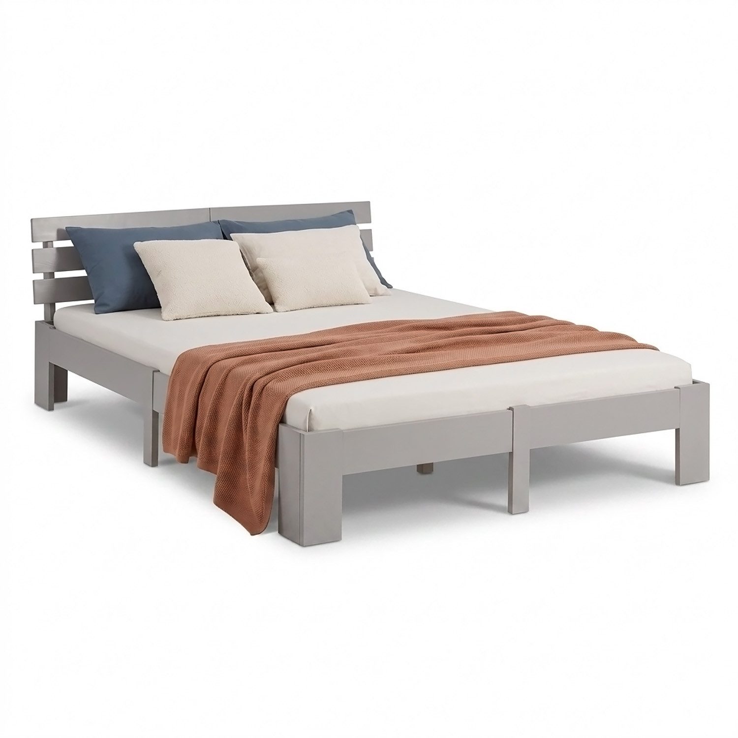Homestyle4u Massivholzbett 90x200 120x200 140x200 160x200 180x200 Doppelbett Kopfteil Lattenrost (Set, mit Lattenrost, Grau), 140x200, modern, stabil