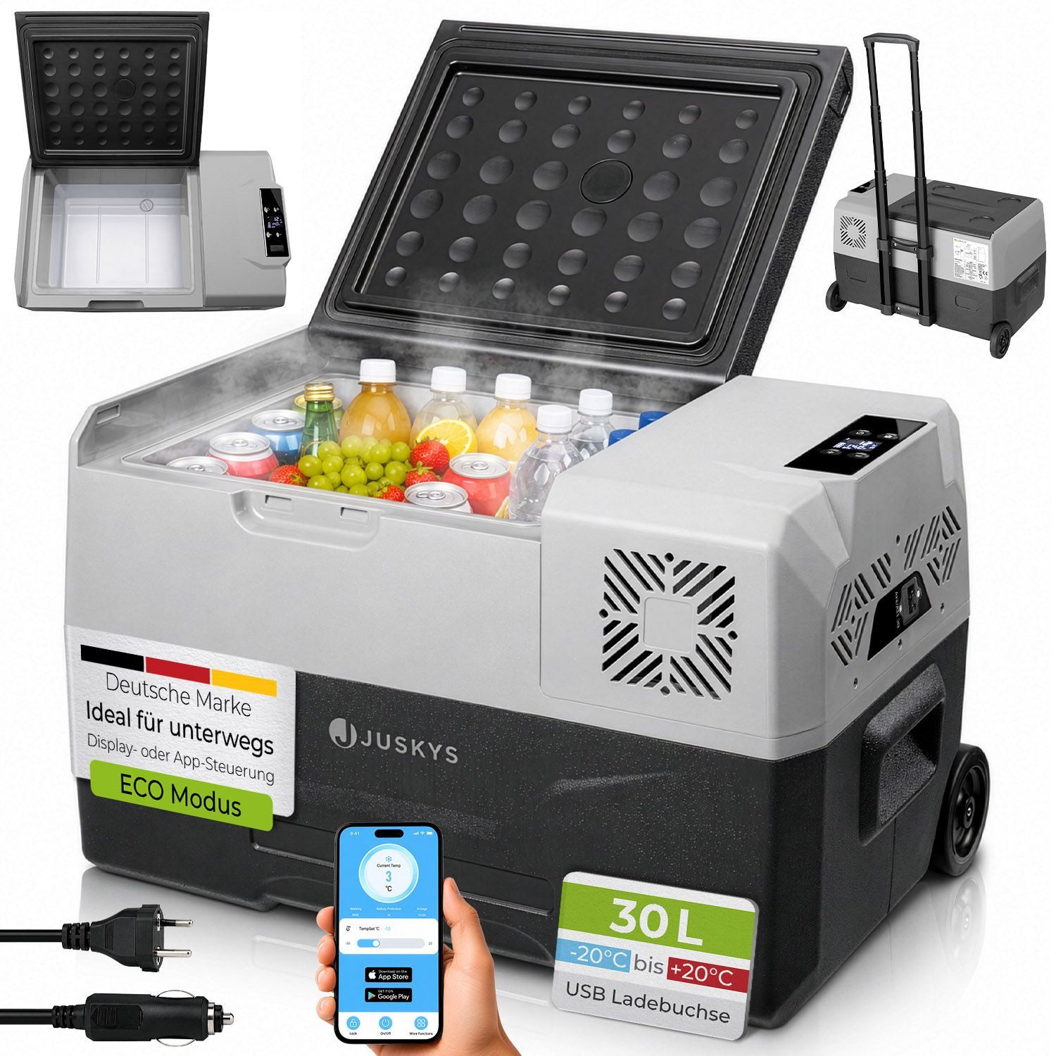 Juskys Kühlbox Yukon, 30 l, mit ECO-Modus, Rollen und Teleskopgriff, starker Kompressor
