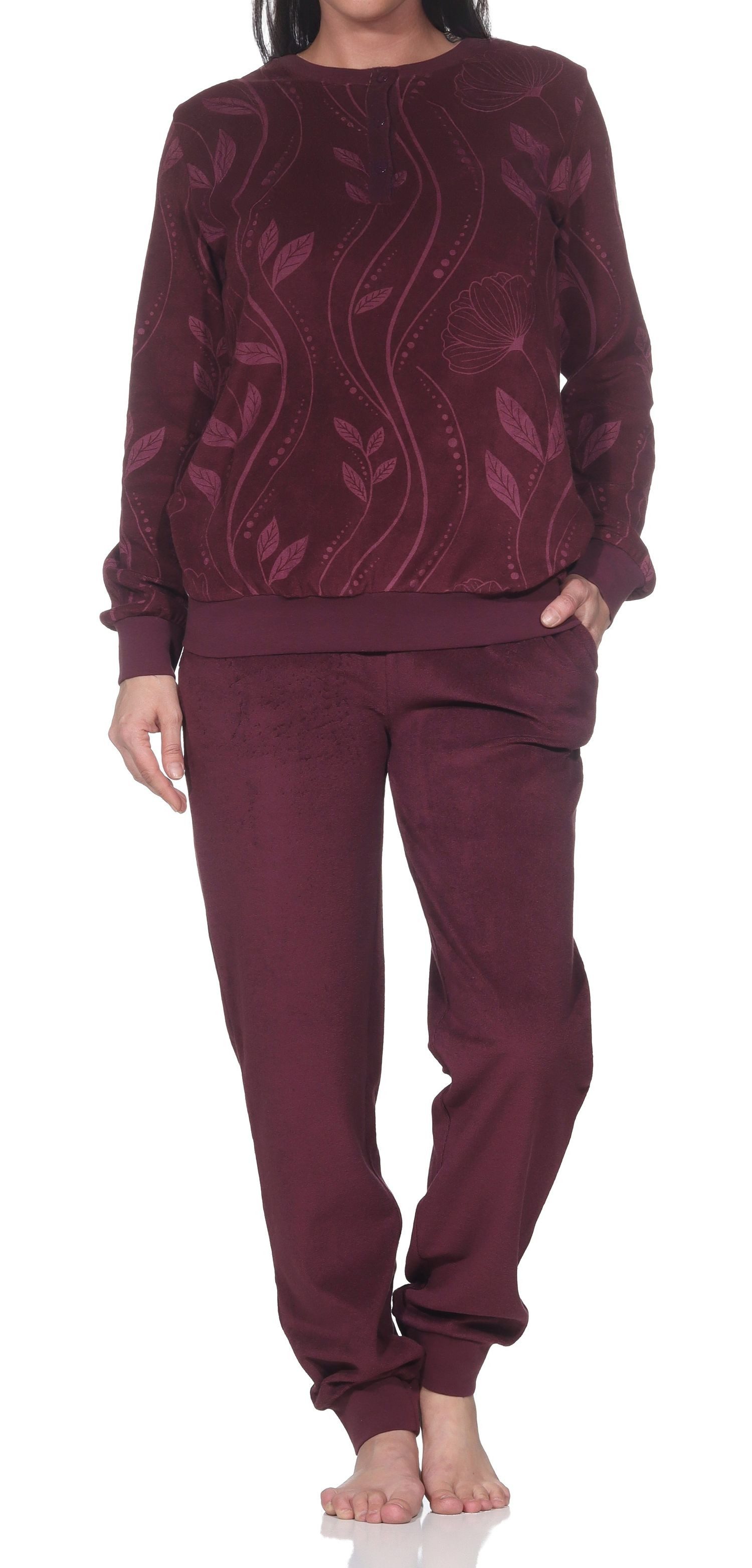 Normann Pyjama Normann Damen Frottee Schlafanzug lang mit Bündchen in edler Optik