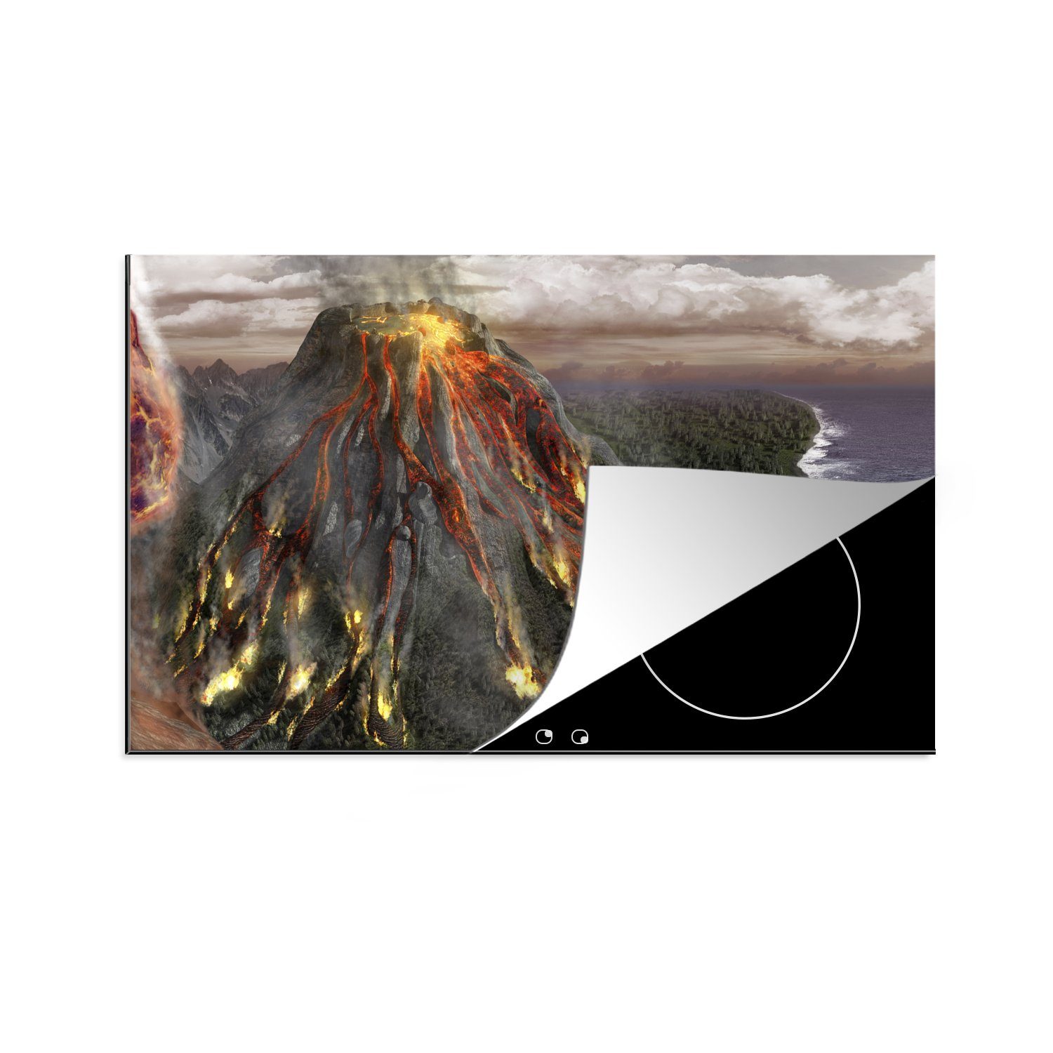MuchoWow Herdblende-/Abdeckplatte Eine Illustration einer Luftaufnahme eines Vulkanausbruchs, Vinyl, (1 tlg), 83x51 cm, Ceranfeldabdeckung, Arbeitsplatte für küche