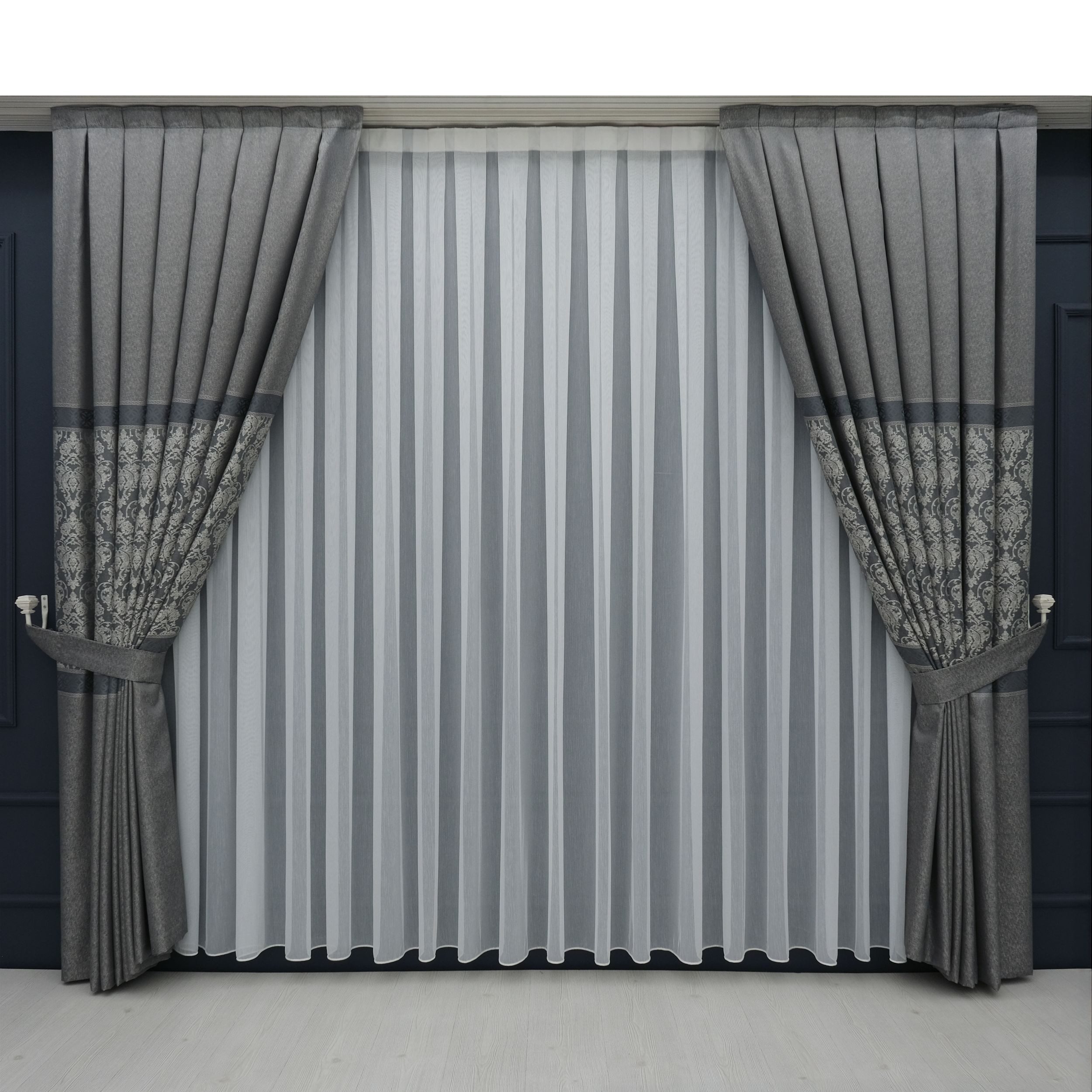 Gardinen by Justyna Vorhang Komplett-Set Vorhang Grau – Falten mit Store (5 St), Kräuselband, Fertiggardine, Halbtransparent, Faltenband, Komplett-Set, Pflegeleicht