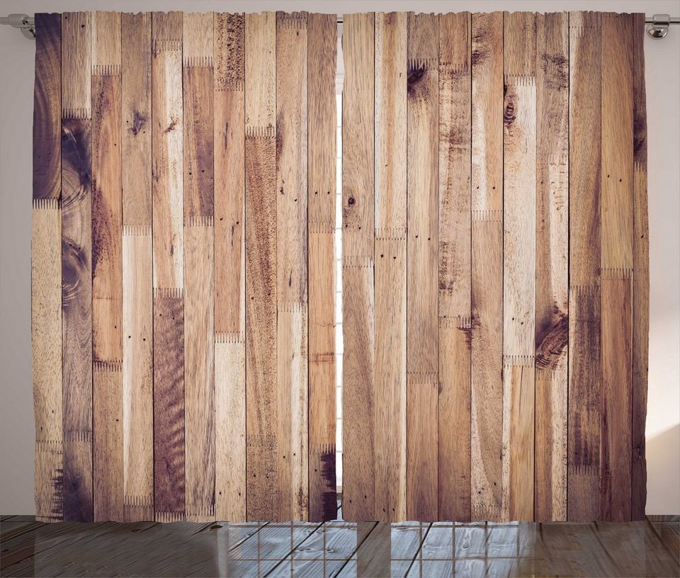 Gardine Schlafzimmer Kräuselband Vorhang mit Schlaufen und Haken,  Abakuhaus, rustikales Holz Im Alter von Planks Muster