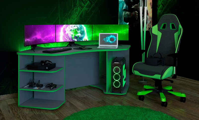 Interdesign24 Gamingtisch »Xeno«, in Anthrazit/Grün für mehrere Monitore