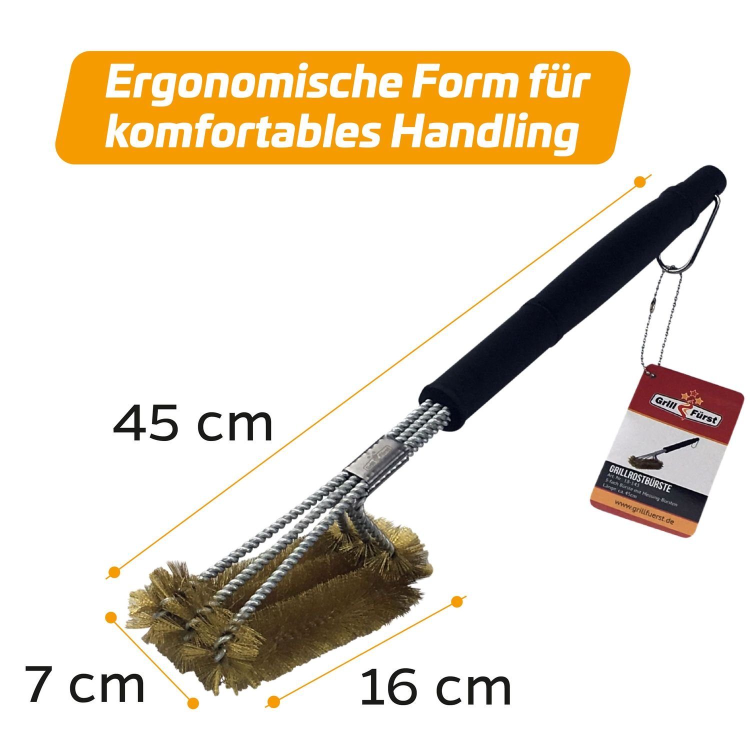 Thumbnail - Grillfürst Grillbürste Grillfürst Grillbürste Messing für Gusseisen Roste, mit langem 3-fach Bürstenkopf