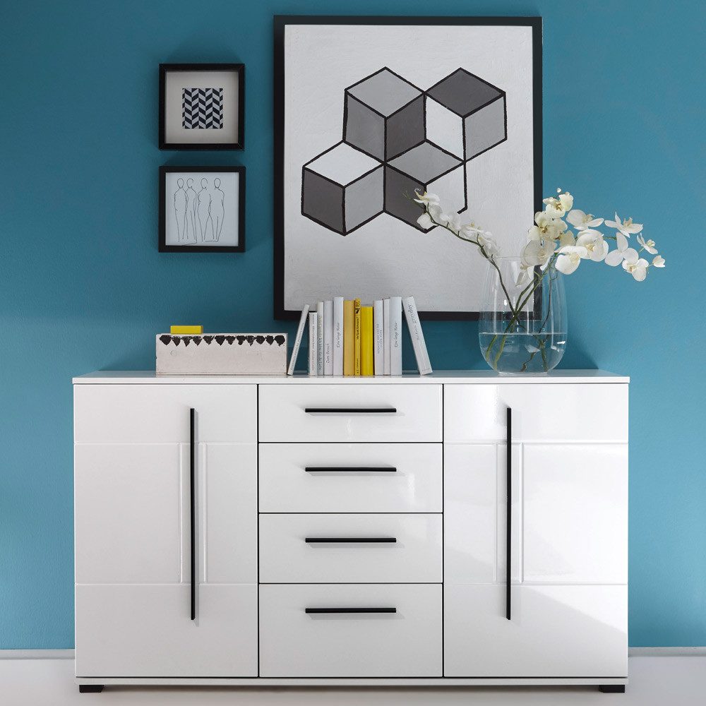 Lomadox Wohnwand COLORADO-61, (3-St), weiß Hochglanz 2 Vitrinen und großem Sideboard 300x200x42cm