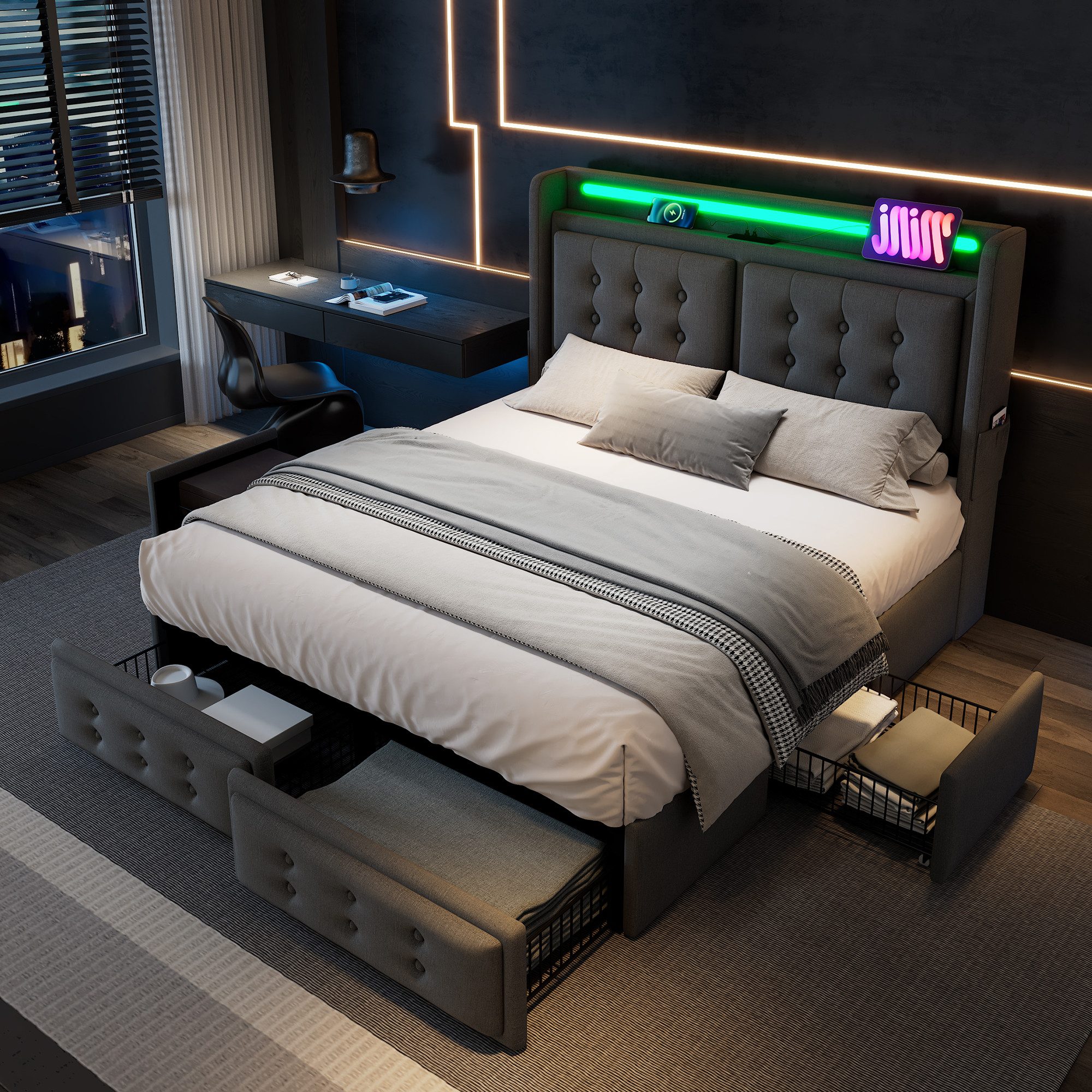 Ulife Polsterbett 180x200, Doppelbett mit LED-Kopfteil USB-C 4 Schubladen (3-tlg), Stauraumbett mit Lattenrost Metallrahmen 300kg