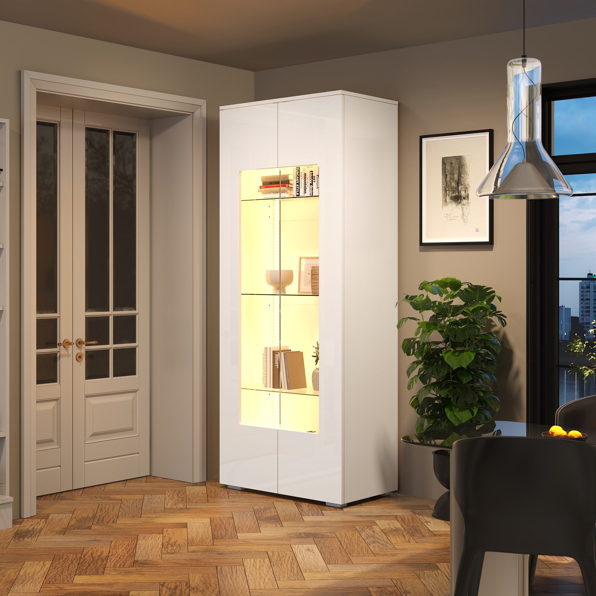 HAUSS SPOLE Vitrine mit Glasboden&Acryltür,Hochschrank Standvitrine mit LED&Hochglanz (Packung, 1-St., mit 2 Acryltüren, LED-Lichtleiste) Tragender Schrank aus gehärtetem Glas