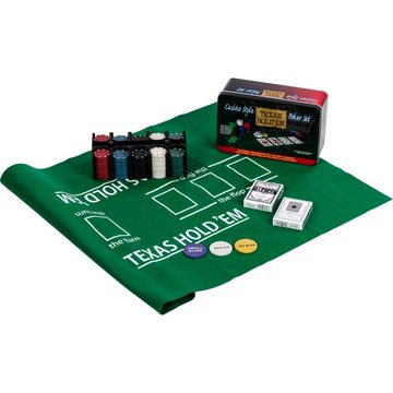 GAMES PLANET Spiel, Pokerset in Metallbox, 200 Chips, 2 Decks, Dealer Button, Small & Big Blind, Spielmatte Texas Holdem