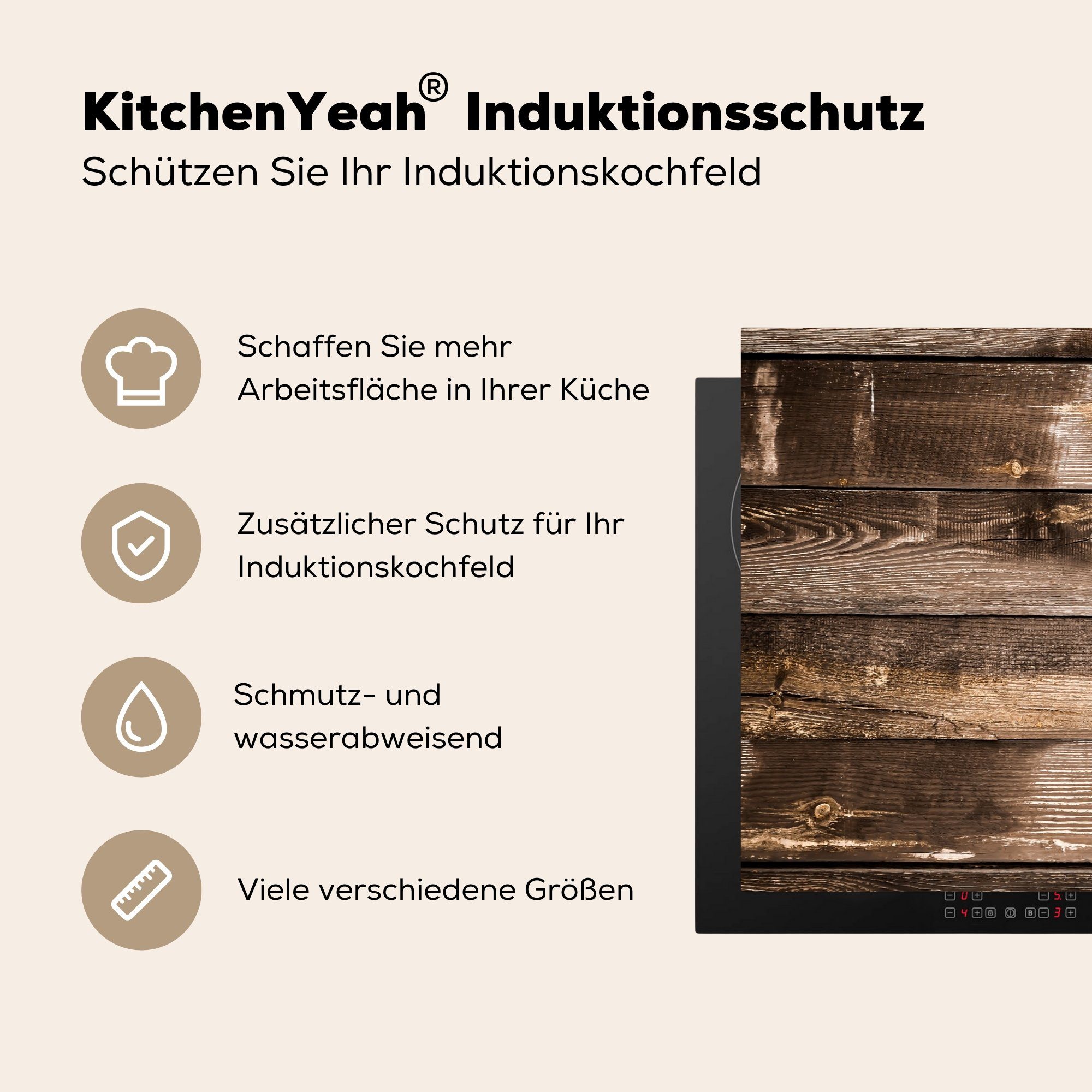 (1 Holz MuchoWow für küche, Dunkel, cm, - - Schutz Vinyl, die Herdblende-/Abdeckplatte 81x52 tlg), Induktionskochfeld Regale Ceranfeldabdeckung