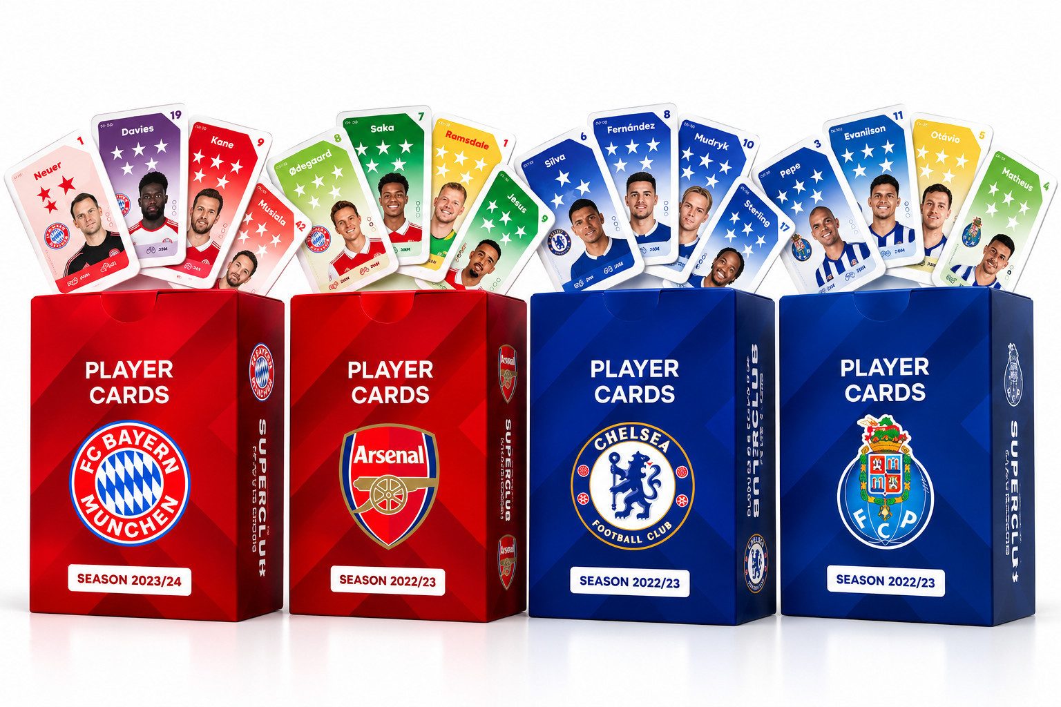 Superclub Spiel Superclub Player Cards 4er Set Bayern Arsenal Chelsea Porto Fußball, Fußball Brettspiel, Reale saisonbezogene Club-Kader, Spielerbilder, Vereinswappen