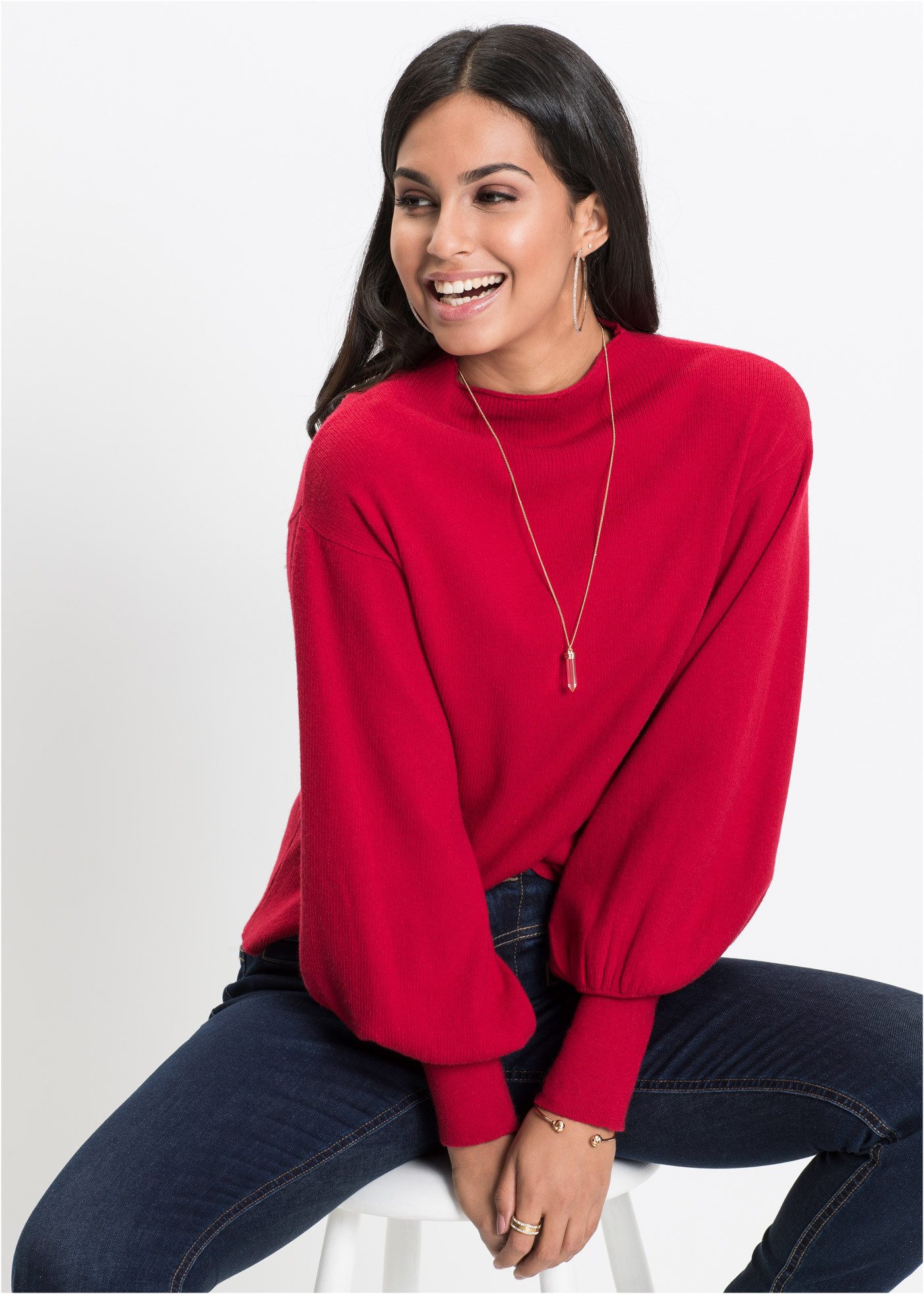 bonprix Strickpullover toller Viskose-Mix, mit modischen Ballonärmeln mit breiten Bündchen