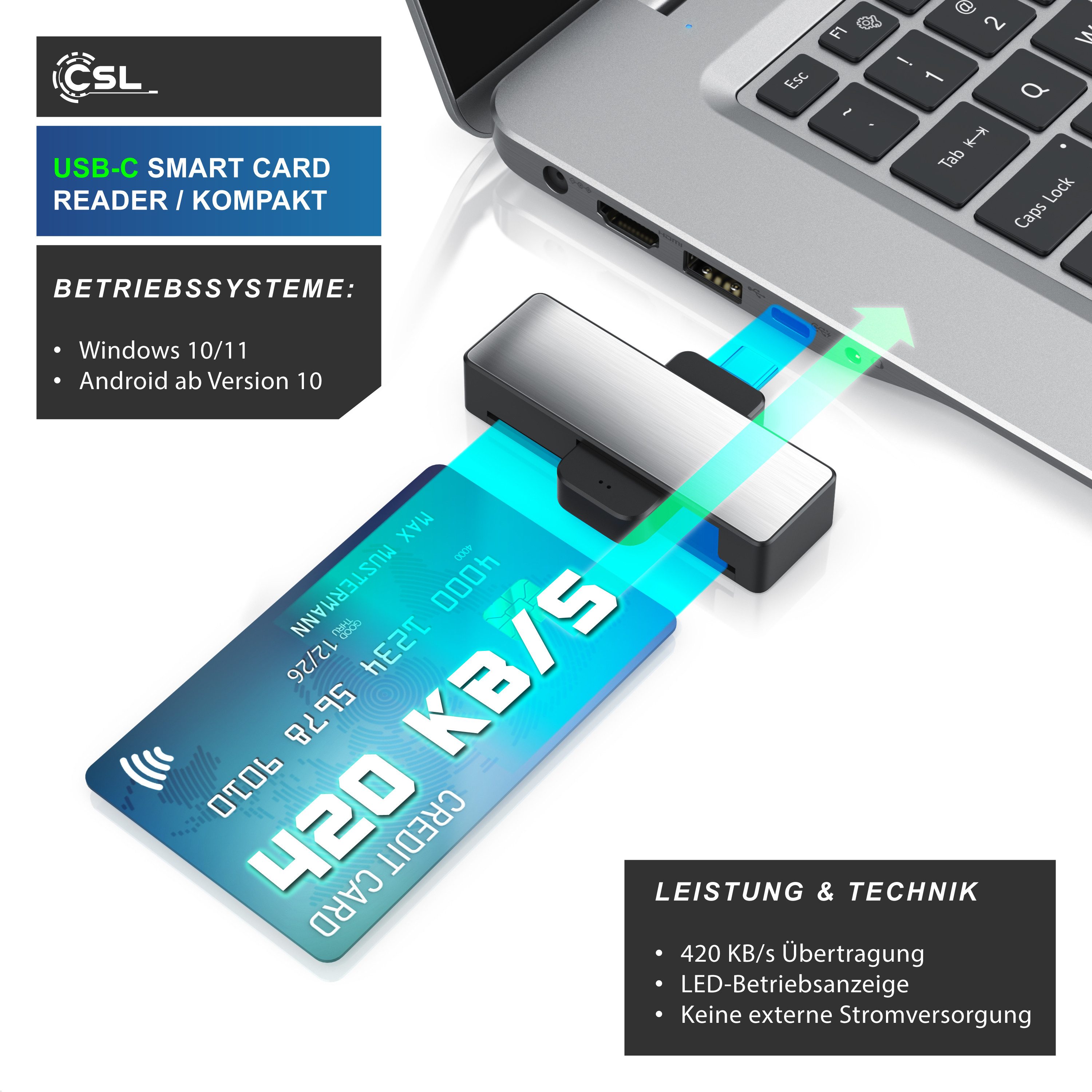 CSL Speicherkartenleser USB Typ C Smart Card Reader / Chipkartenleser und Schreiber, ISO 7816, Win 10–11, Android, Personalausweis, Krankenkassen & Bankkarten